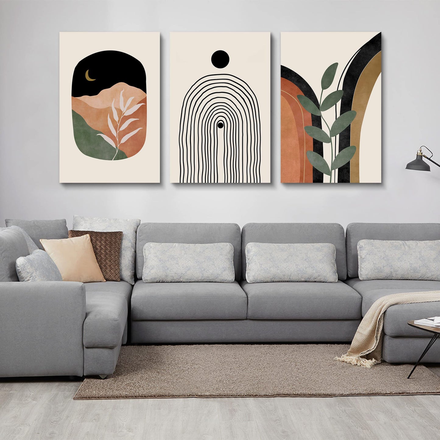 Sage Green Wall Posters & Prints, Green Boho Wall Art Set of 3, Minimalist Framed Wall Art Geometric Line Leaf Sun Moon Beige Green