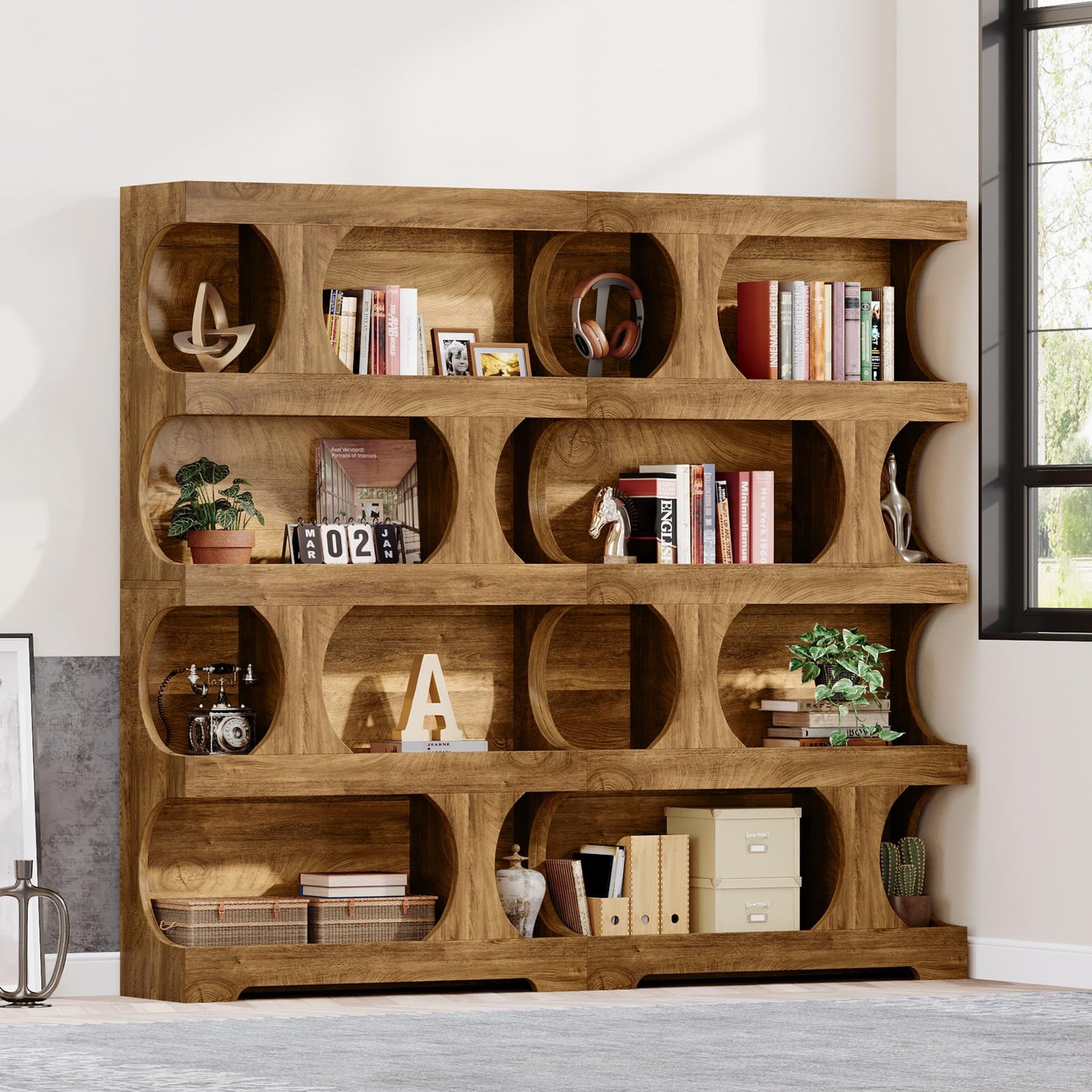 71"Tall Bookcase, 4-Tier S-Shaped Bookshelf, Wood Decorative Storage Shelving, Modern Freestanding Display Shelves