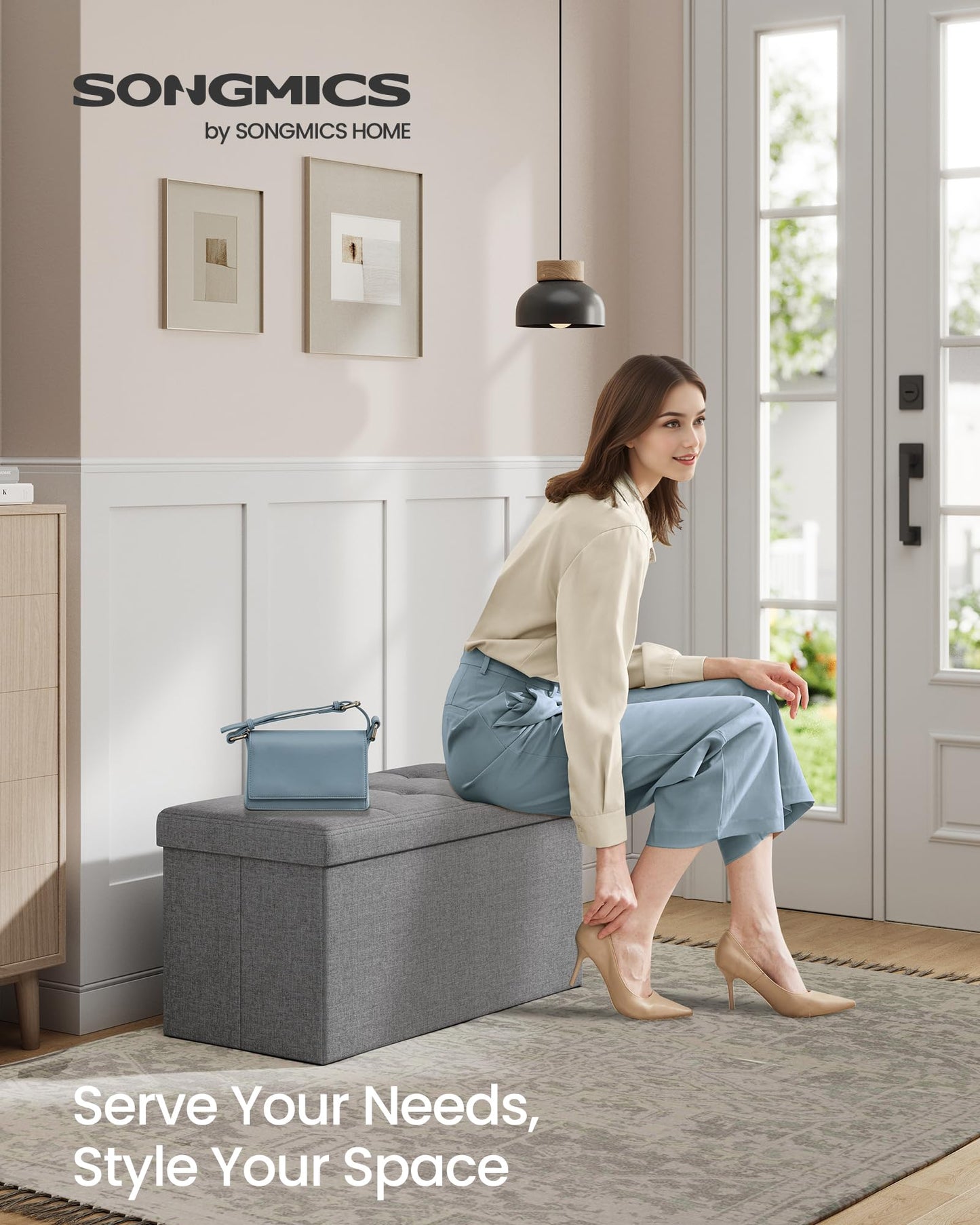 SONGMICS MAZIE Collection - 43 Inches Folding Storage Ottoman Bench, Ottoman Foot Rest, End of Bed Bench, Storage Chest, Load 660 lb, for Living Room, Bedroom, Entryway, Midnight Blue ULSF77IN