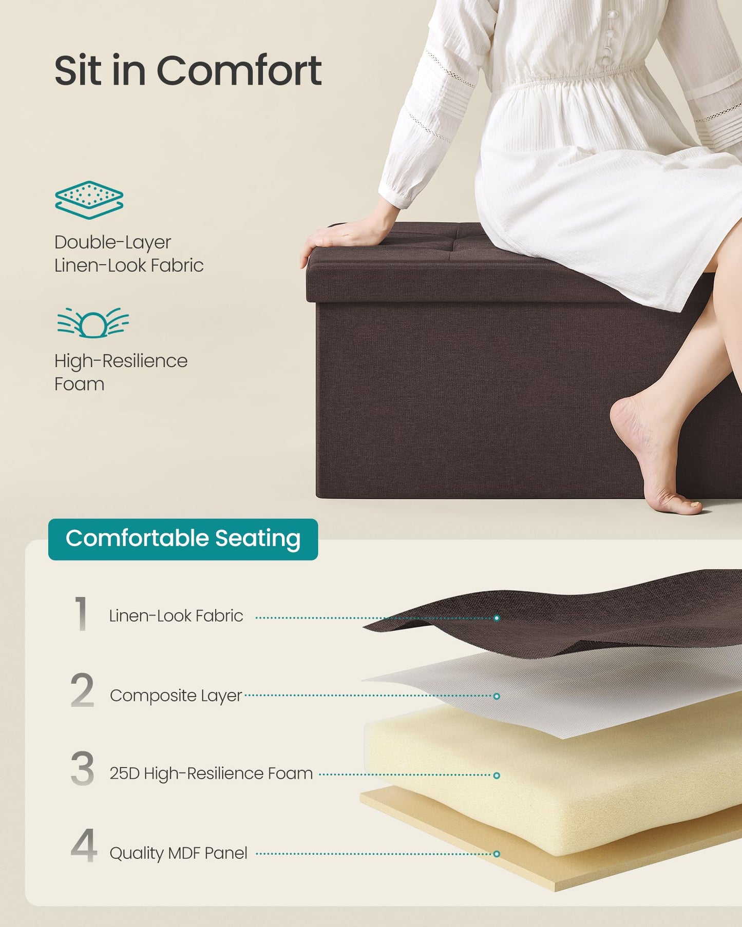 SONGMICS MAZIE Collection - 43 Inches Folding Storage Ottoman Bench, Ottoman Foot Rest, End of Bed Bench, Storage Chest, Load 660 lb, for Living Room, Bedroom, Entryway, Midnight Blue ULSF77IN