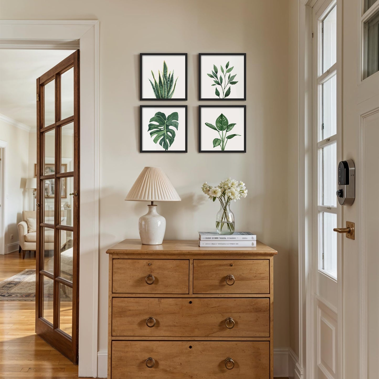 ArtbyHannah Framed Bathroom Wall Decor, 10x10 Inch Botanical Wall Art with Sage Green Plant Print for Wall Decoration, Minimalist Restroom Decor (Walnut)