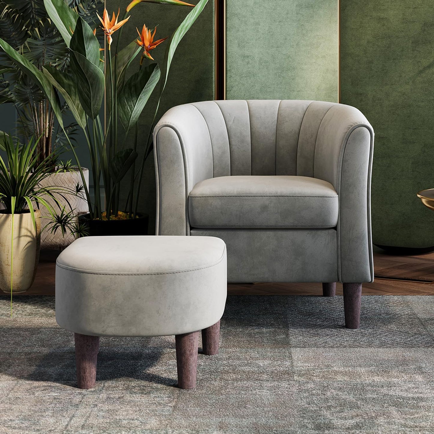 LINSY Accent Chair with Ottoman, Modern Barrel Chair Comfy Armchair with Footrest