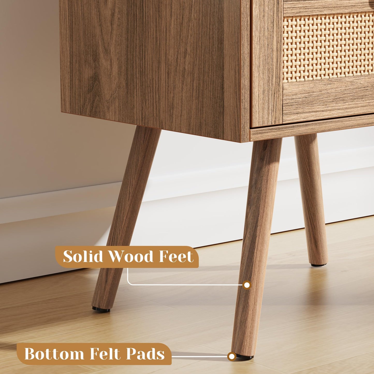 SUPERJARE Nightstands Set of 2, Night Stands with Charging Station & PE Rattan Decor Drawer, Bed Side Tables with Solid Wood Feet, End Table, for Bedroom, Living Room - Natural