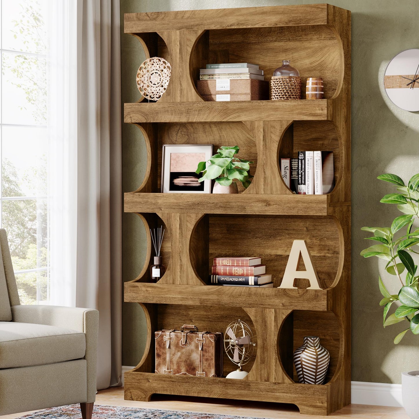 71"Tall Bookcase, 4-Tier S-Shaped Bookshelf, Wood Decorative Storage Shelving, Modern Freestanding Display Shelves