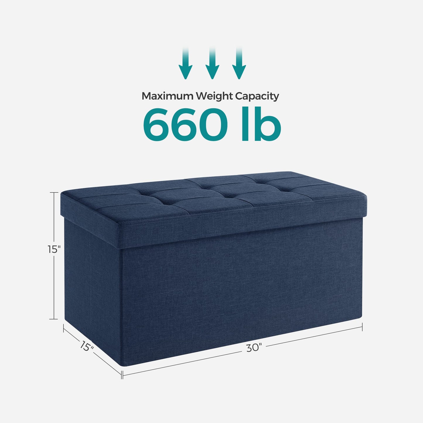 SONGMICS MAZIE Collection - 43 Inches Folding Storage Ottoman Bench, Ottoman Foot Rest, End of Bed Bench, Storage Chest, Load 660 lb, for Living Room, Bedroom, Entryway, Midnight Blue ULSF77IN