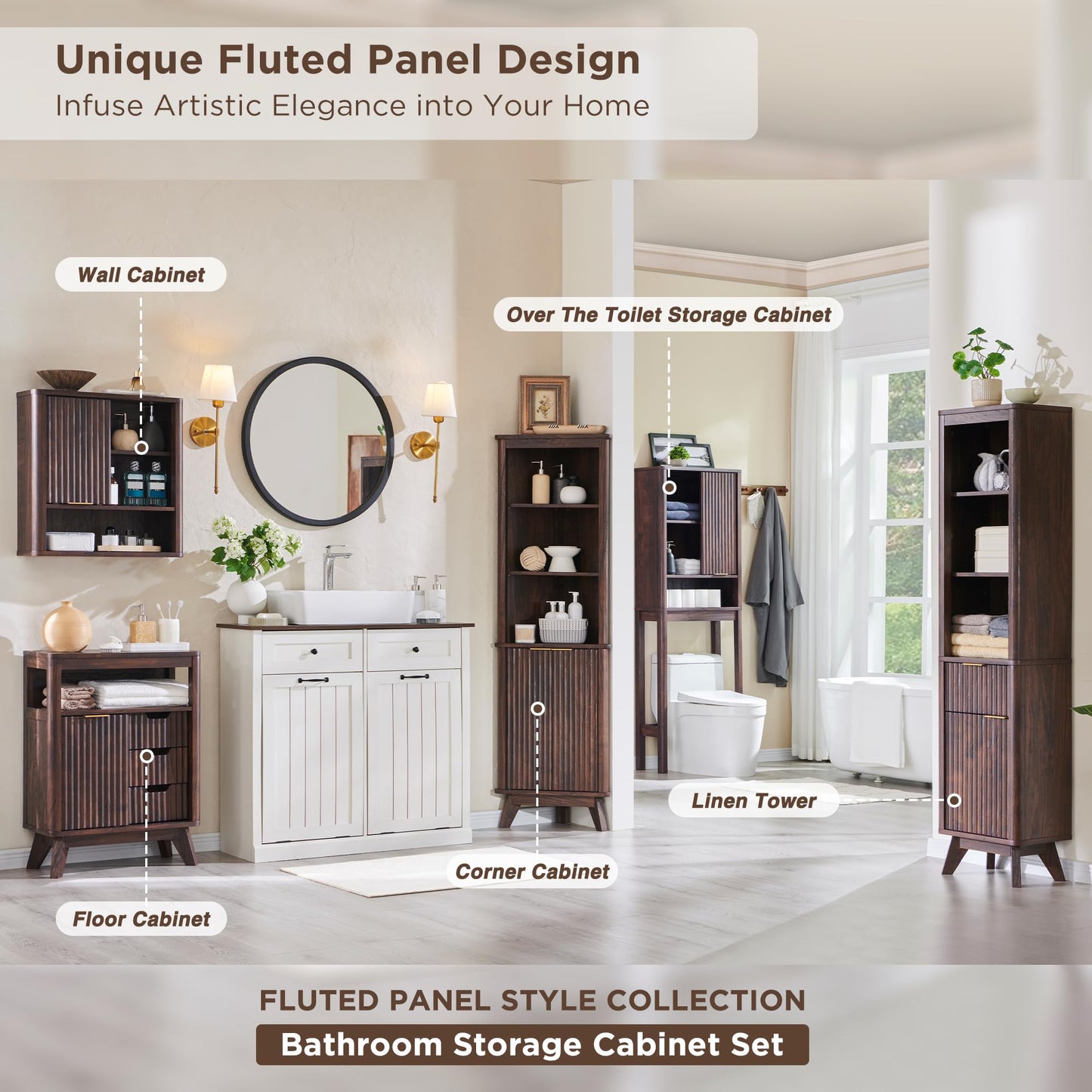 RedLemon Bathroom Wall Cabinet w/Fluted Sliding Door, Modern Medicine Cabinet w/Faux Marble Top & Adjustable Shelf, Curved Profile Wall Mounted Storage Organizer, Natural Oak Color