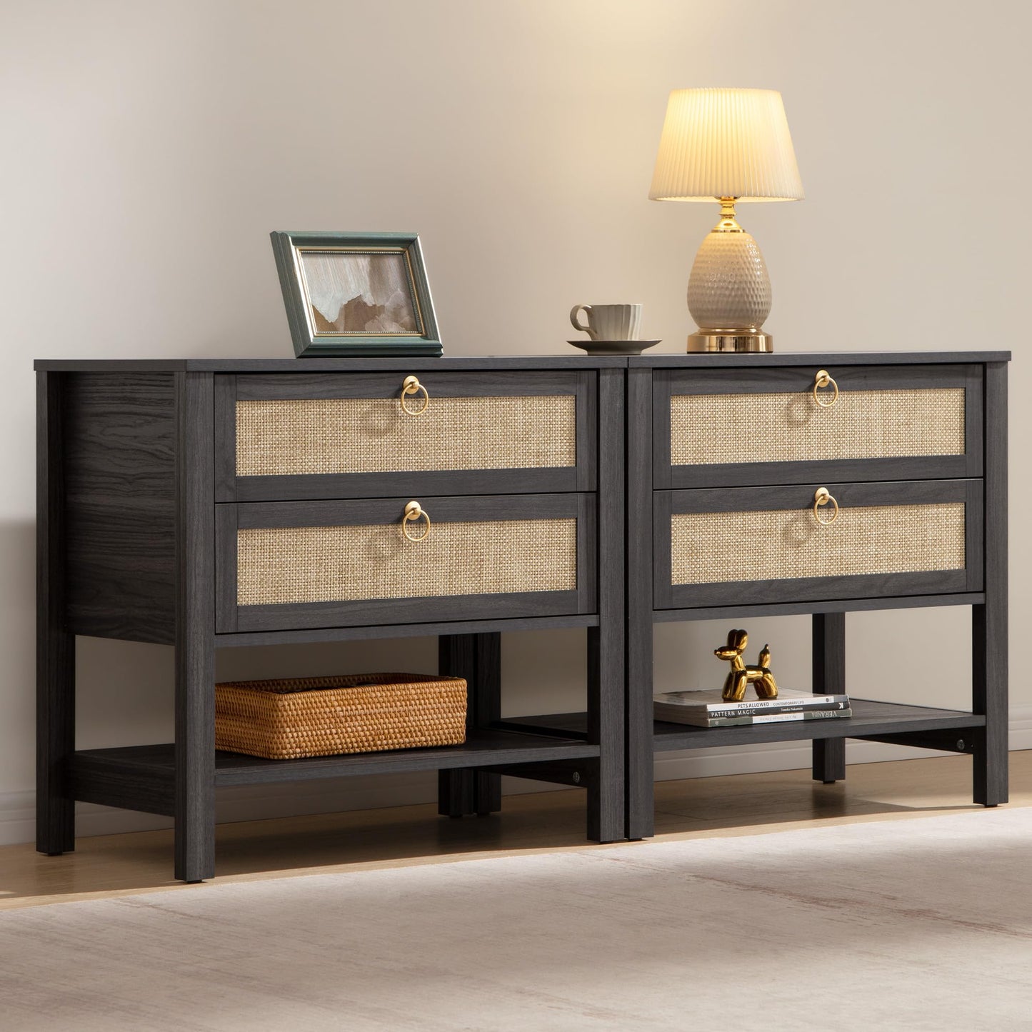 SICOTAS Night Stand Set of 2, Large Nightstand with Drawers and Storage Shelf - Rattan Boho Bedside Table Narrow Side Table for Bedroom, Small Space