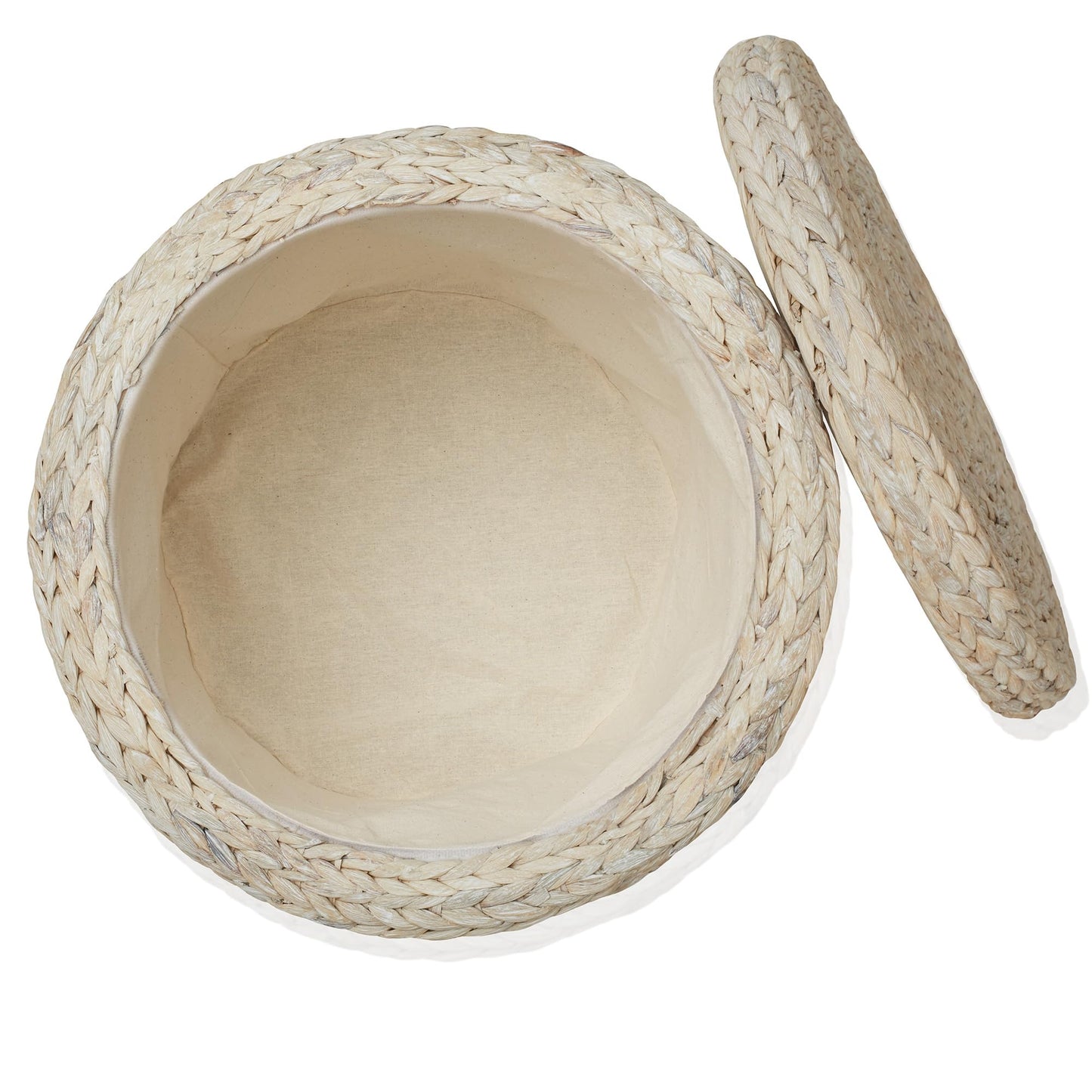 Round Storage Ottoman with Lid - Whitewash, Handwoven Water Hyacinth Footstool for Living Room, Bedroom