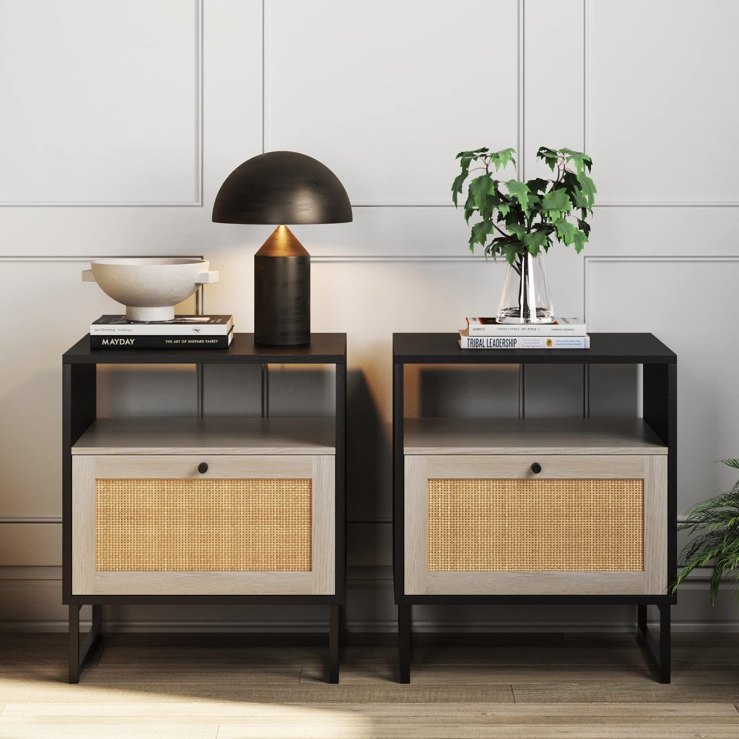 Nathan James Mina Rattan Wood End Side Accent Table Nightstand with Storage for Living Room or Bedroom, 1, Oak/Black