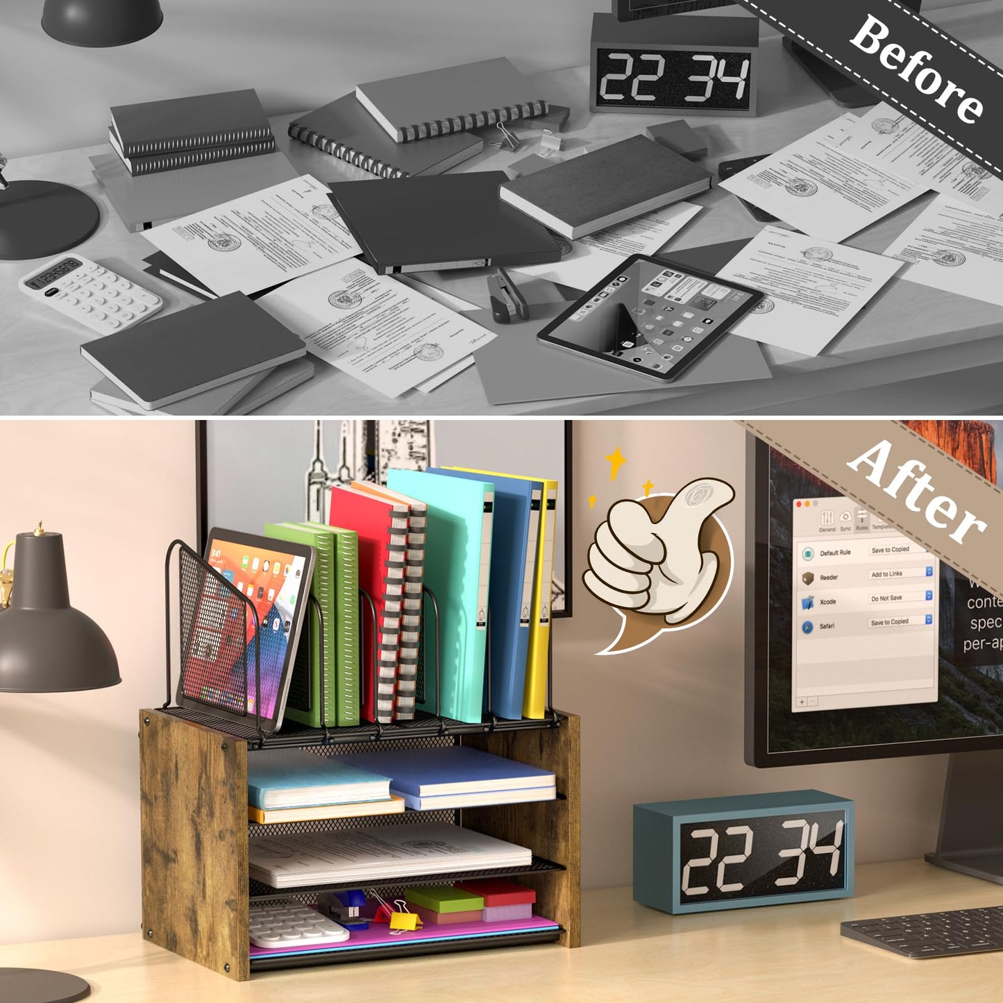 4-Tier Mesh Desk Organizer, Wooden Desk File Organizer with 5 Vertical File Holders and 2 Pen Holders, Desktop Organizers and Accessories with Drawer for Home Office