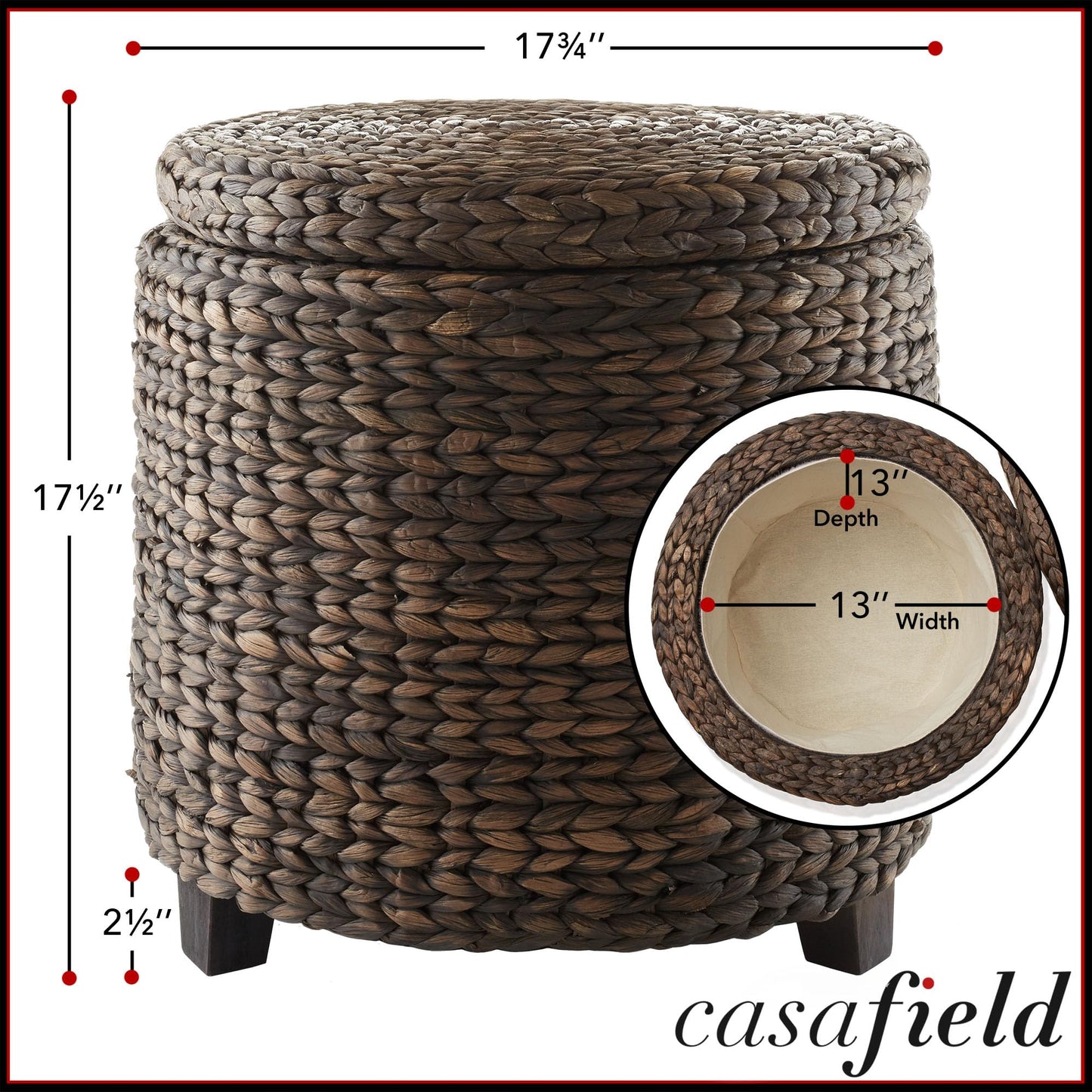 Round Storage Ottoman with Lid - Whitewash, Handwoven Water Hyacinth Footstool for Living Room, Bedroom