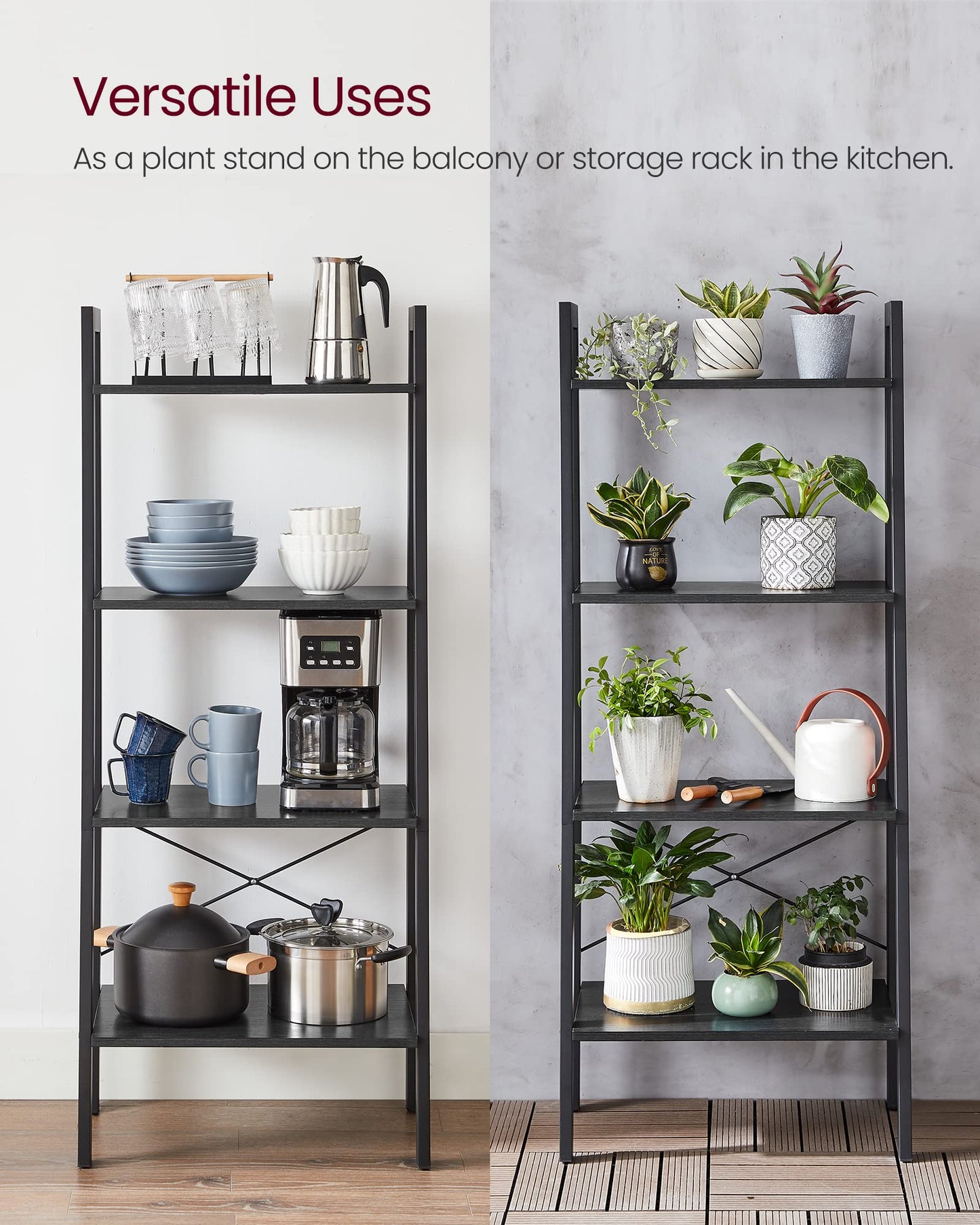 VASAGLE Ladder Shelf, 5-Tier Bookshelf, Storage Rack, Bookcase with Steel Frame, for Living Room, Home Office