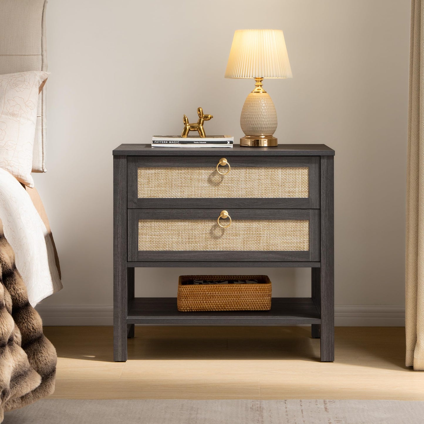 SICOTAS Night Stand Set of 2, Large Nightstand with Drawers and Storage Shelf - Rattan Boho Bedside Table Narrow Side Table for Bedroom, Small Space