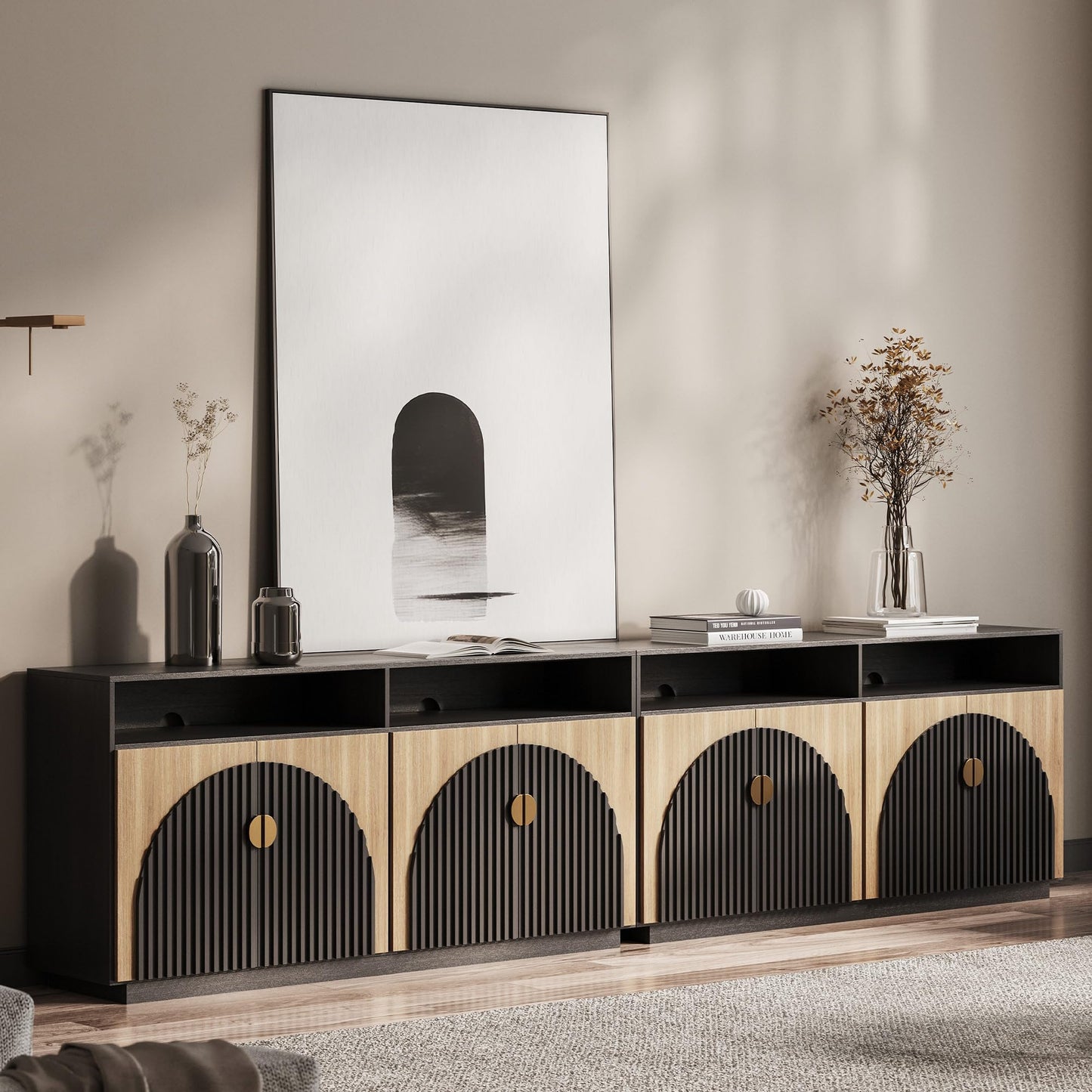 BELLEZE 3-Piece Arched TV Stand Entertainment Center with Storage, Mid Century Modern 2-Piece 72″ Tall Storage Cabinets and 65″ Fluted TV Console for Living Room (Camel)