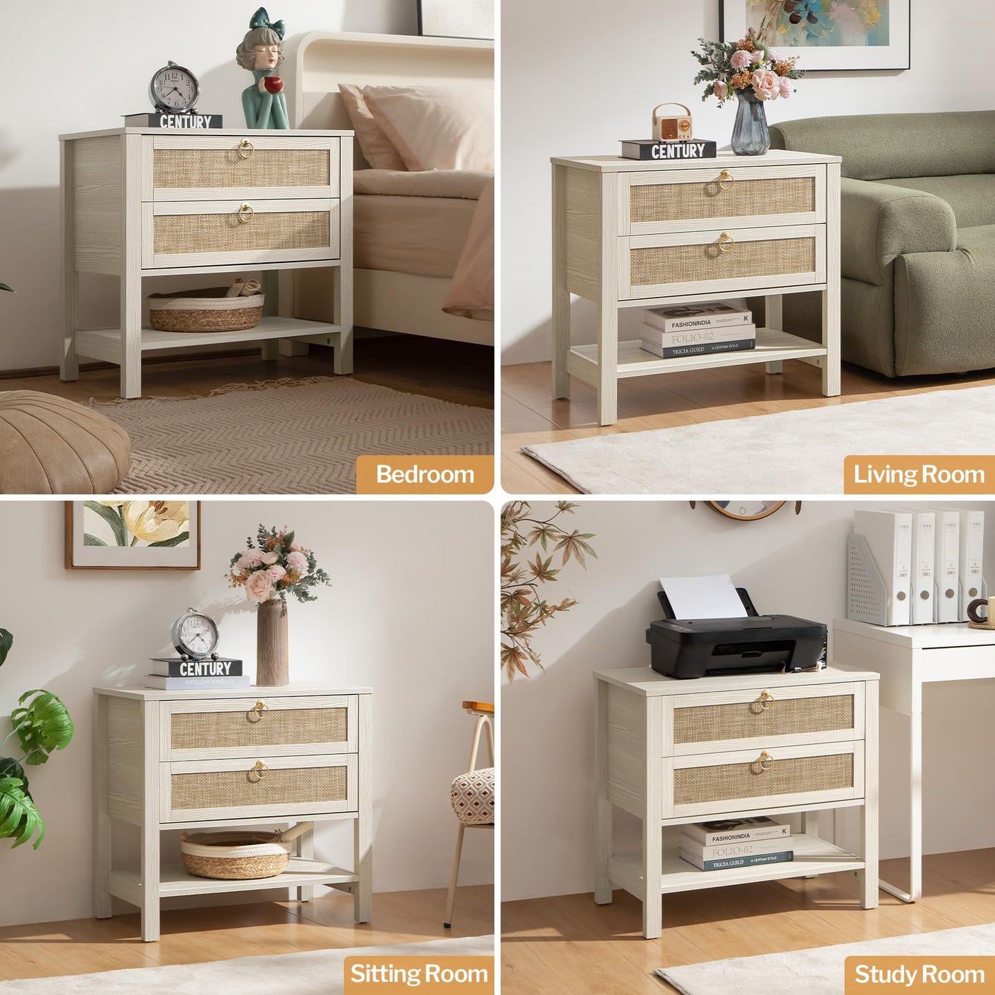SICOTAS Night Stand Set of 2, Large Nightstand with Drawers and Storage Shelf - Rattan Boho Bedside Table Narrow Side Table for Bedroom, Small Space