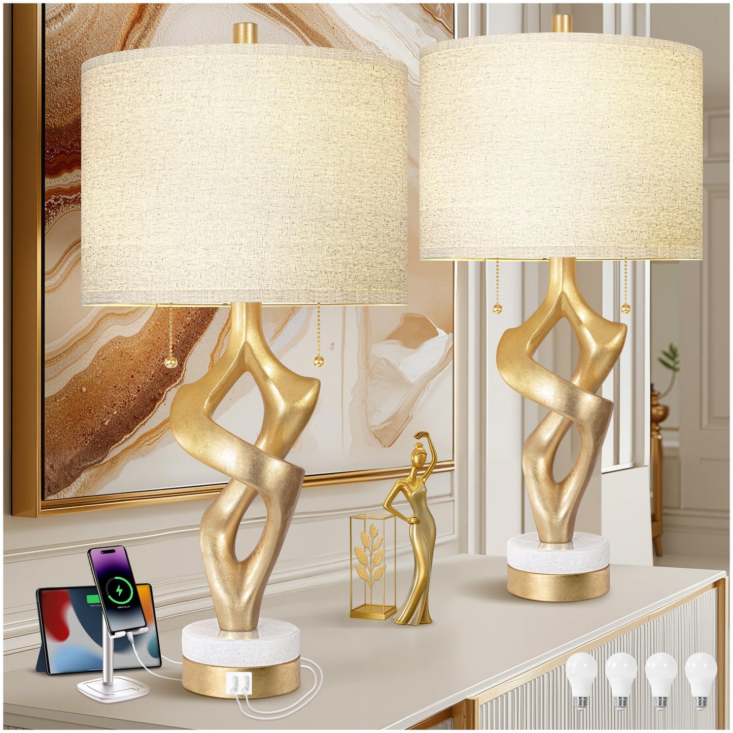 Scenekoy Sculptural Table Lamp Set of 2 for Bedroom, 26” Farmhouse Bedside Lamps for Living Room, Rustic Linen Shade Night Stand Lamp Marble Base with USB Ports for Home Decor (E26 Bulbs Included)