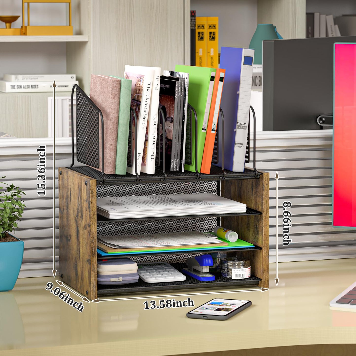 4-Tier Mesh Desk Organizer, Wooden Desk File Organizer with 5 Vertical File Holders and 2 Pen Holders, Desktop Organizers and Accessories with Drawer for Home Office