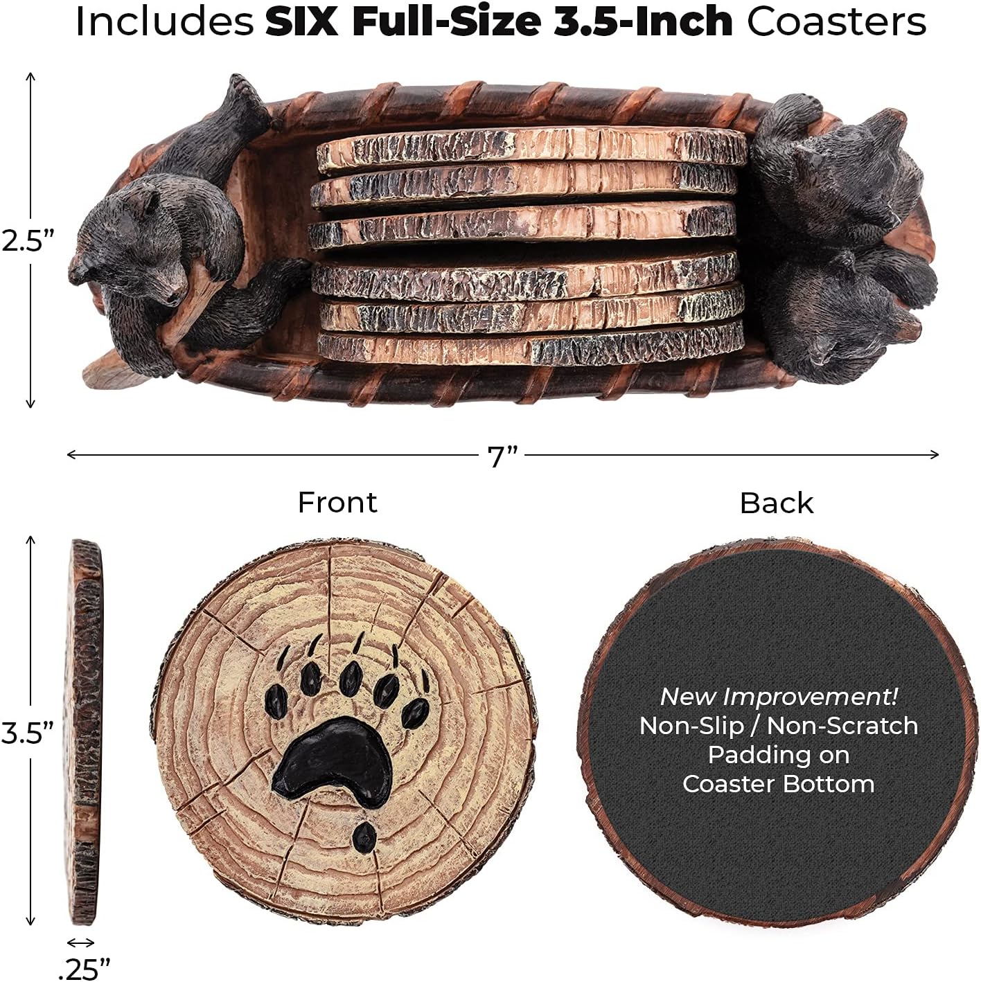 Bear Coasters Set of 6 Full Size Rustic Coasters in Handmade Canoe with Adorable Black Bear Figurines | Black Bear Log Cabin Decorations