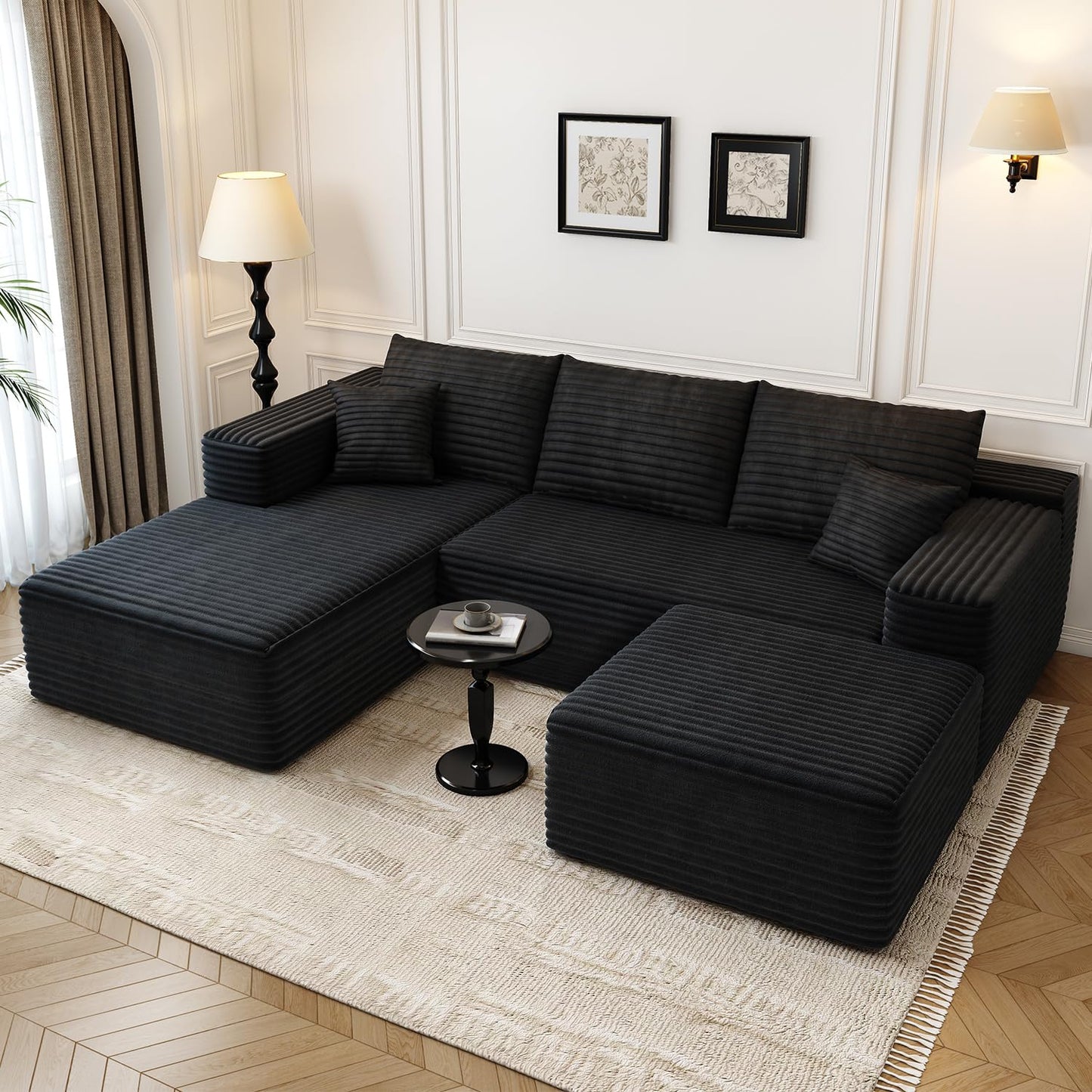 107.5" Cloud Modular Sectional Sofa with 1 Ottoman,Modern Minimalist Upholstered Couches, Comfort U Shaped Sofa for Living Room,Deep Seat Corner Couch,No Assembly Required (Black,Left Facing Chaise)