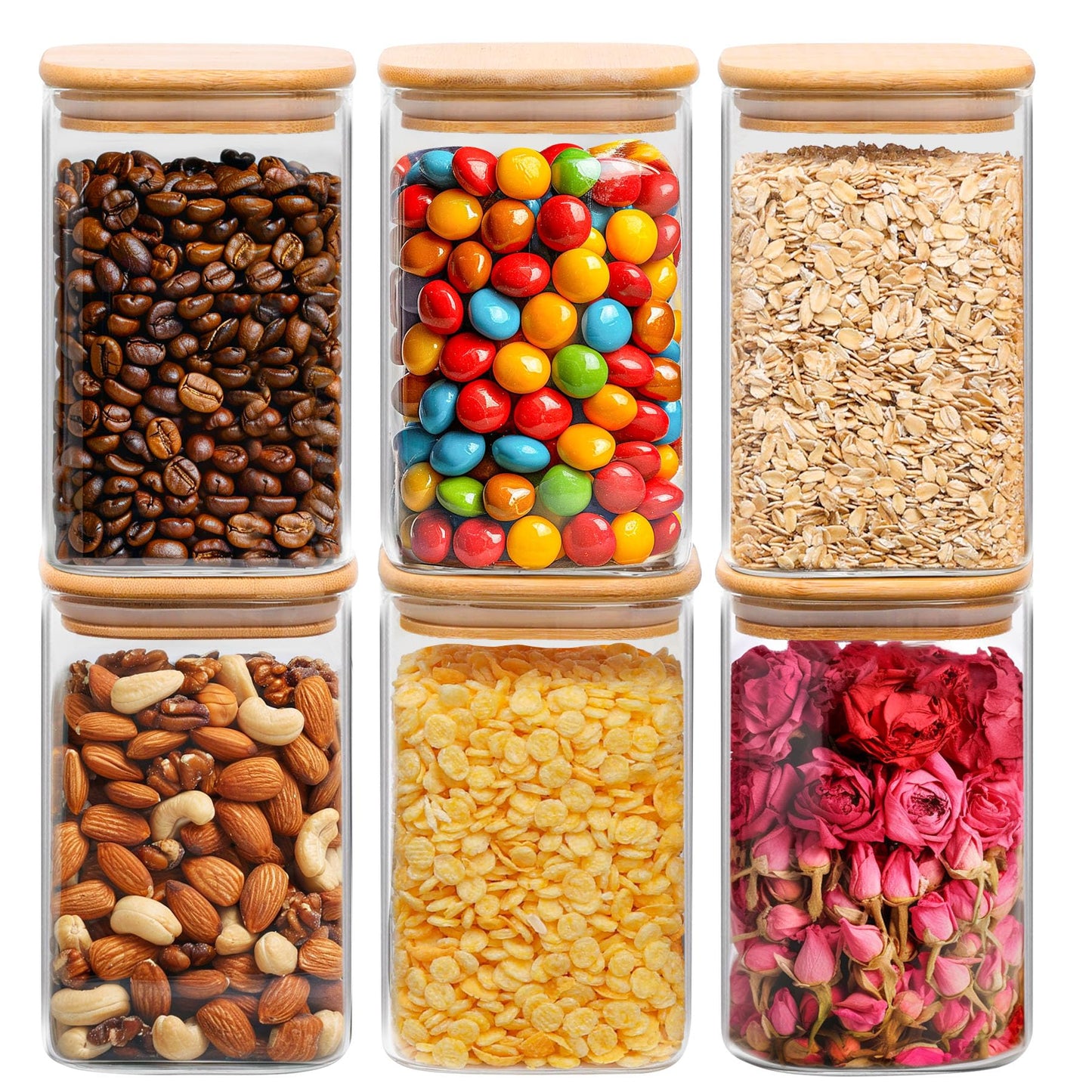 ComSaf Airtight Glass Storage Canister with Lids (24oz/37oz/51oz) Set of 6, Clear Food Storage Container Kitchen Pantry Storage Jar, Glass Jars for Flour Cereal Sugar Tea Coffee Beans Snacks, Square