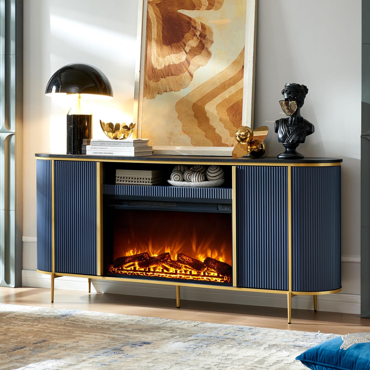 OKD Luxury 70" Fluted TV Stand, Modern Chic Entertainment Center for TVs Up to 80 inches, TV Console with Faux Marble Top, Curved Profile Design, Media Console for Living Room, Navy Blue