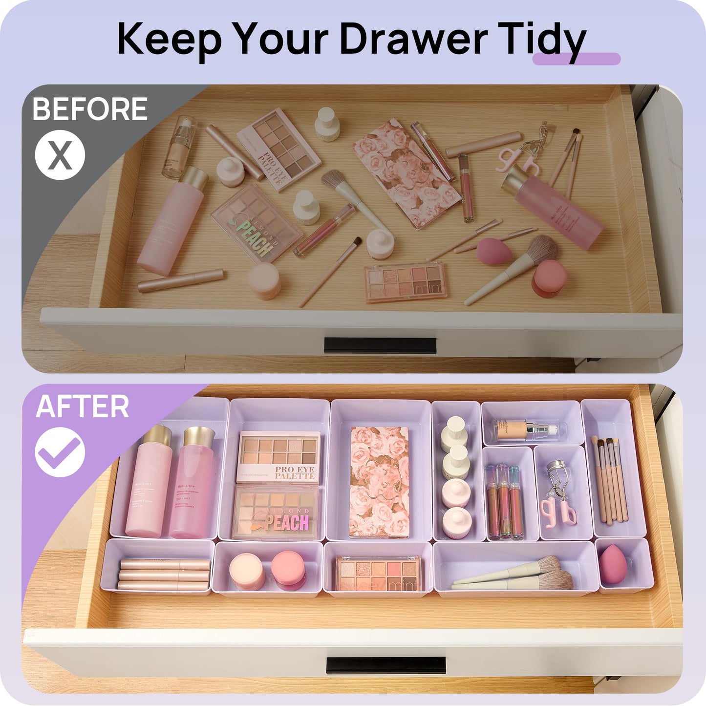 Vtopmart 25 PCS Clear Plastic Drawer Organizers Set, 4-Size Versatile Bathroom and Vanity Drawer Organizer Trays