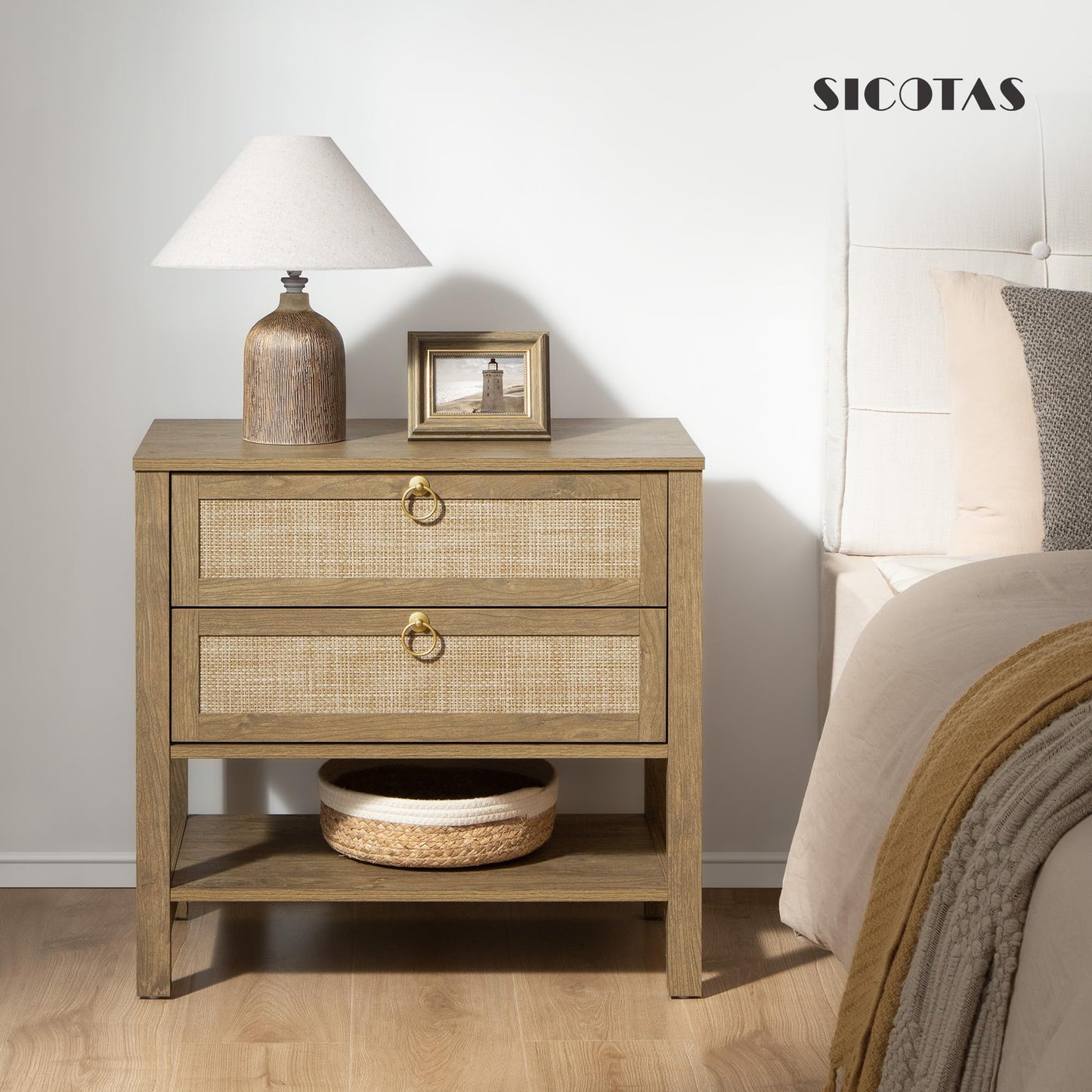 SICOTAS Night Stand Set of 2, Large Nightstand with Drawers and Storage Shelf - Rattan Boho Bedside Table Narrow Side Table for Bedroom, Small Space
