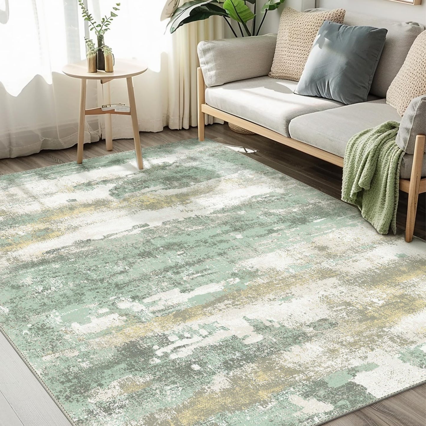 Area Rugs 5x7 for Living Room Bedroom, Modern Abstract Machine Washable Large Light Green Rug Soft
