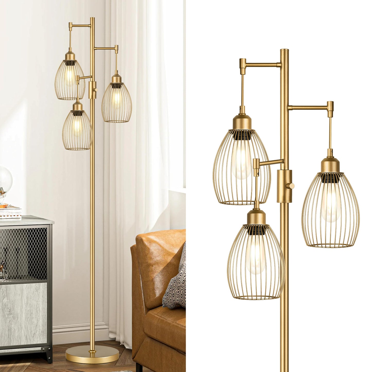 Dimmable Industrial Floor Lamps for Living Room, Gold Tree Standing Tall Lamps with 3 Elegant Teardrop Cage Head & 800 Lumens LED Bulbs