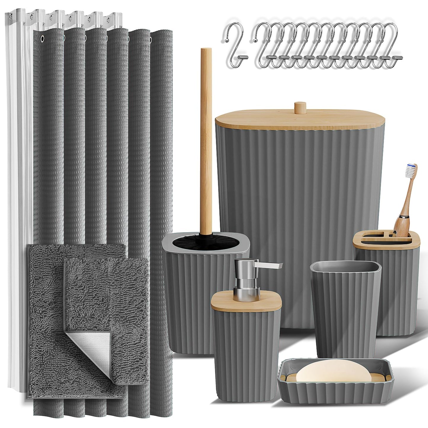 Clara Clark Bathroom Accessories Set - Bathroom Set, 20PC Bathroom Accessory Set, Black Shower Curtain Set, Toilet Brush, Trash Can & Soap Dispenser