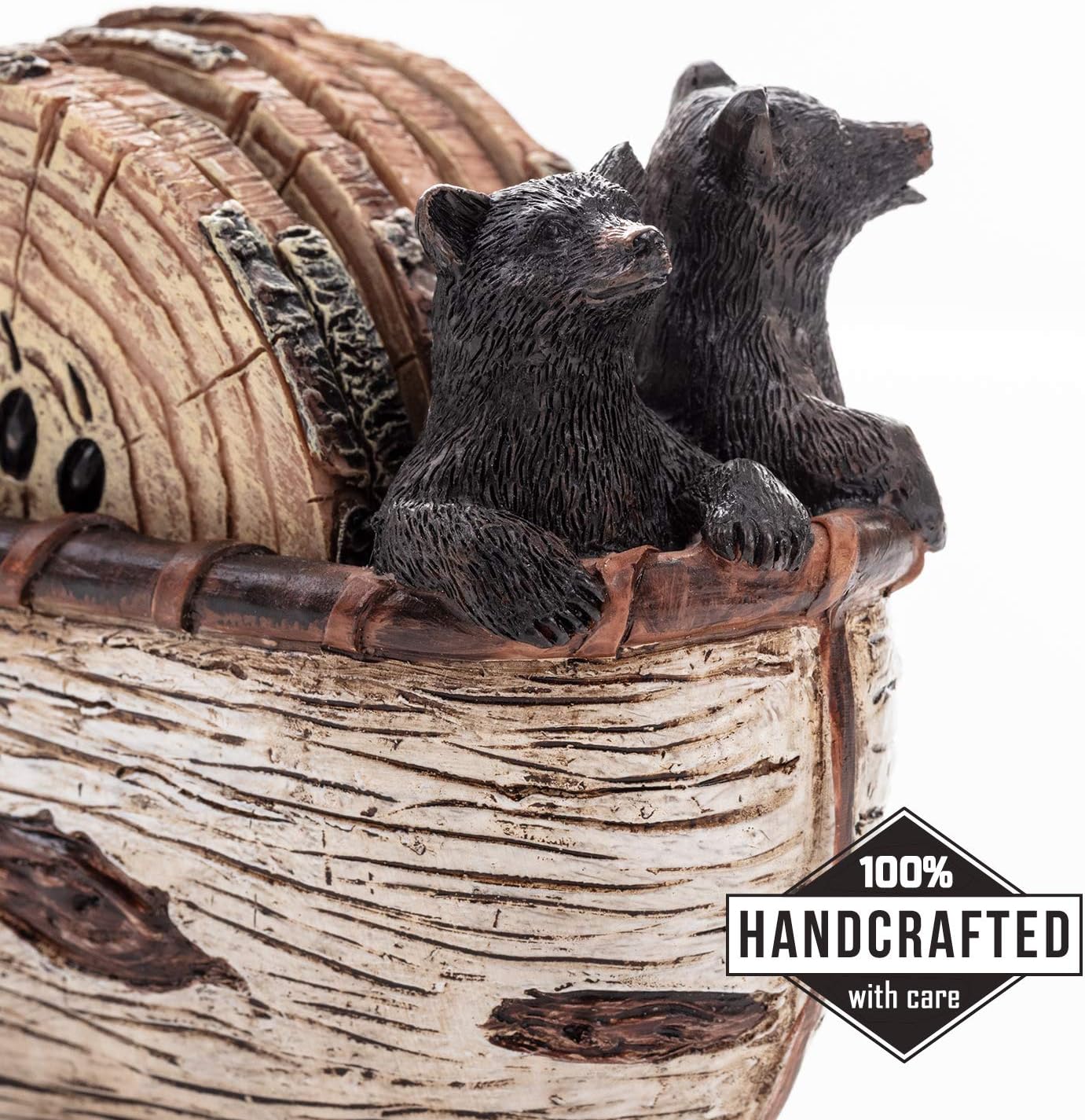 Bear Coasters Set of 6 Full Size Rustic Coasters in Handmade Canoe with Adorable Black Bear Figurines | Black Bear Log Cabin Decorations
