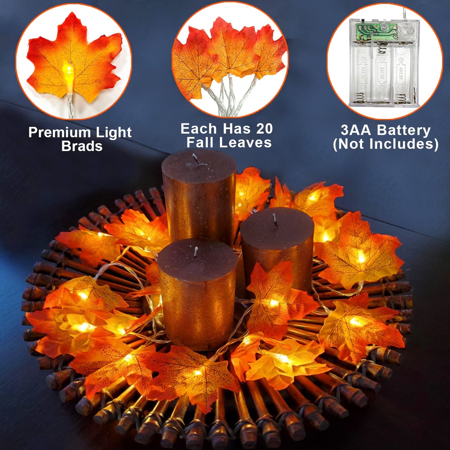 TURNMEON 2 Pack Fall Decor Enlarged Maples Leafed Halloween Fall Decorations for Home Fall Lights Thick Leafs Garlands, Total 20Ft 40LED Battery Operated Waterproof Thanksgiving Decor Indoor Outdoor