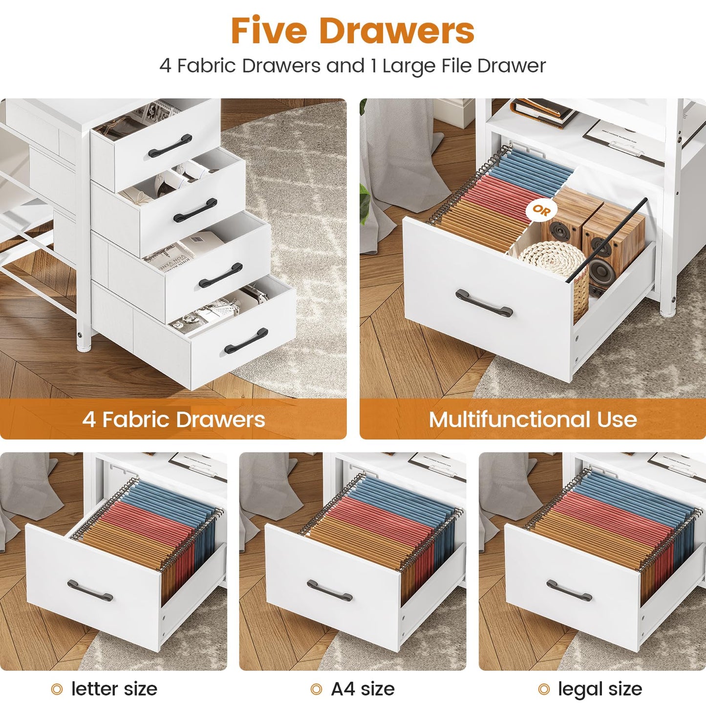 SEDETA Home Office Desk with File Drawer & Power Outlet, 66'' Computer Desk with 5 Drawer, Storage Shelves, Printer Cabinet and Monitor Shelf, Gaming Desk with Led Lights, Rustic Brown