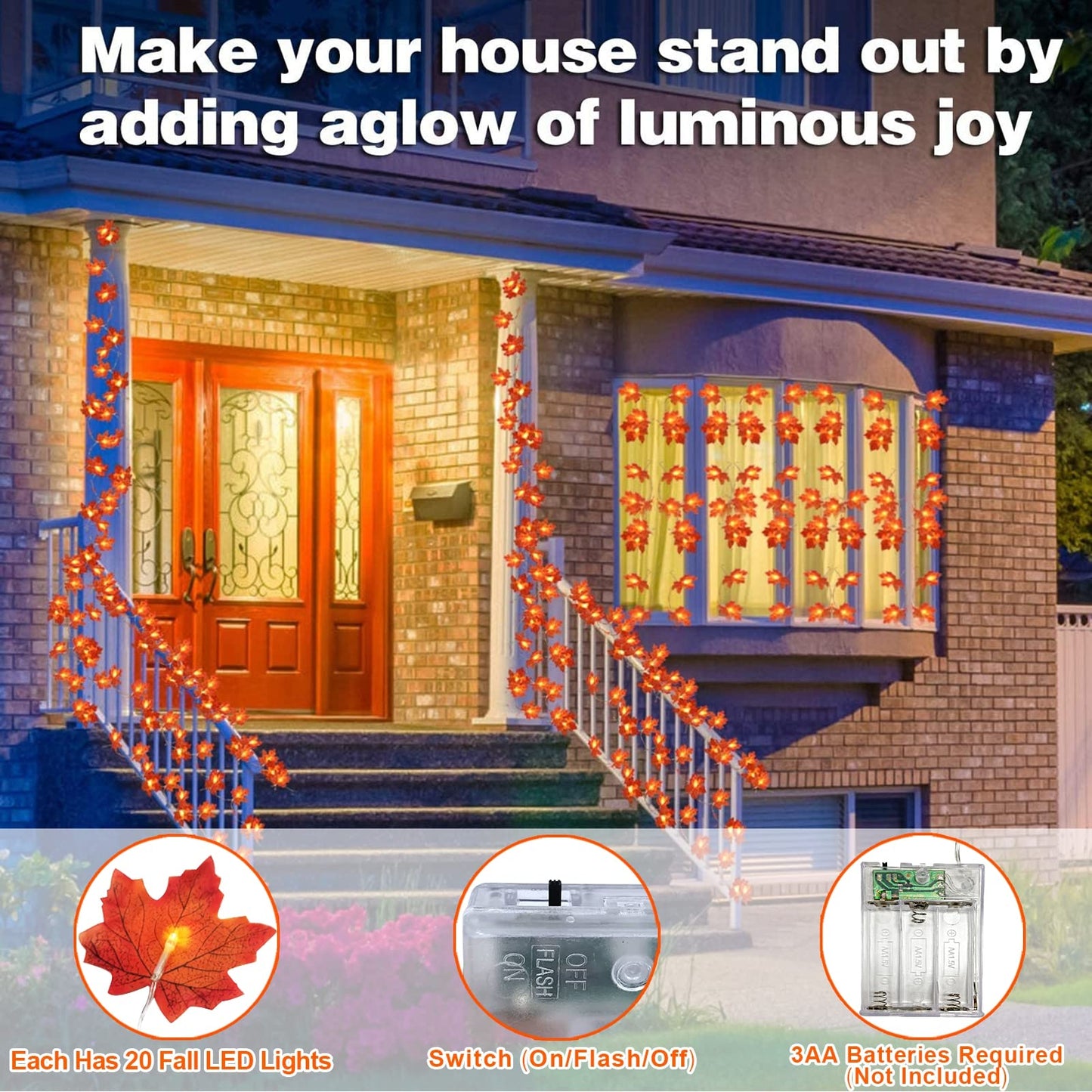 TURNMEON 2 Pack Fall Decor Enlarged Maples Leafed Halloween Fall Decorations for Home Fall Lights Thick Leafs Garlands, Total 20Ft 40LED Battery Operated Waterproof Thanksgiving Decor Indoor Outdoor