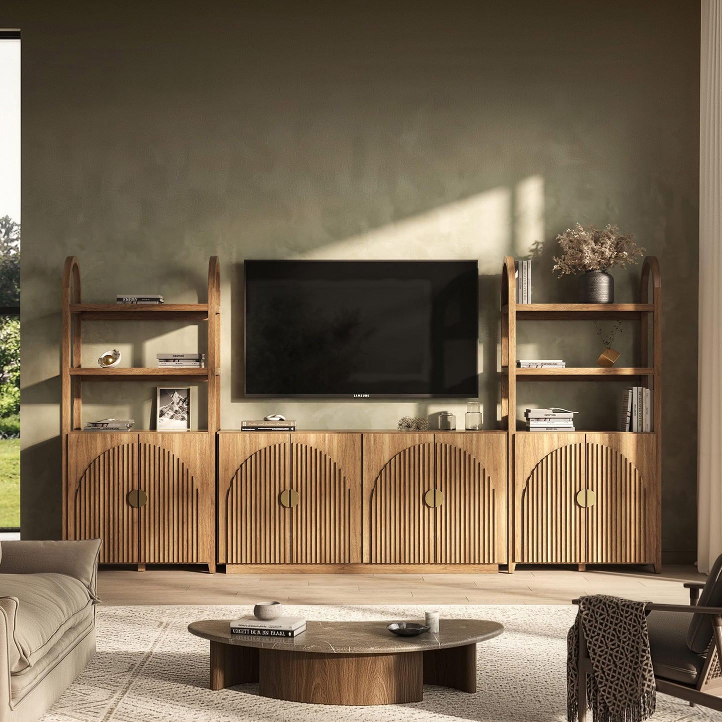 BELLEZE 3-Piece Arched TV Stand Entertainment Center with Storage, Mid Century Modern 2-Piece 72″ Tall Storage Cabinets and 65″ Fluted TV Console for Living Room (Camel)
