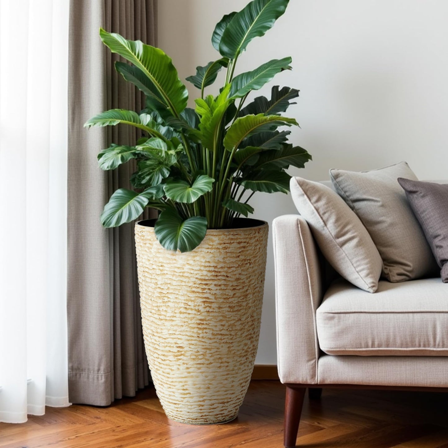 Tall Round Planters Set of 2-14" Dia x 21" H Stone Finish Flower Pots Indoor Decorative Container Garden Patio Unbreakable Beige