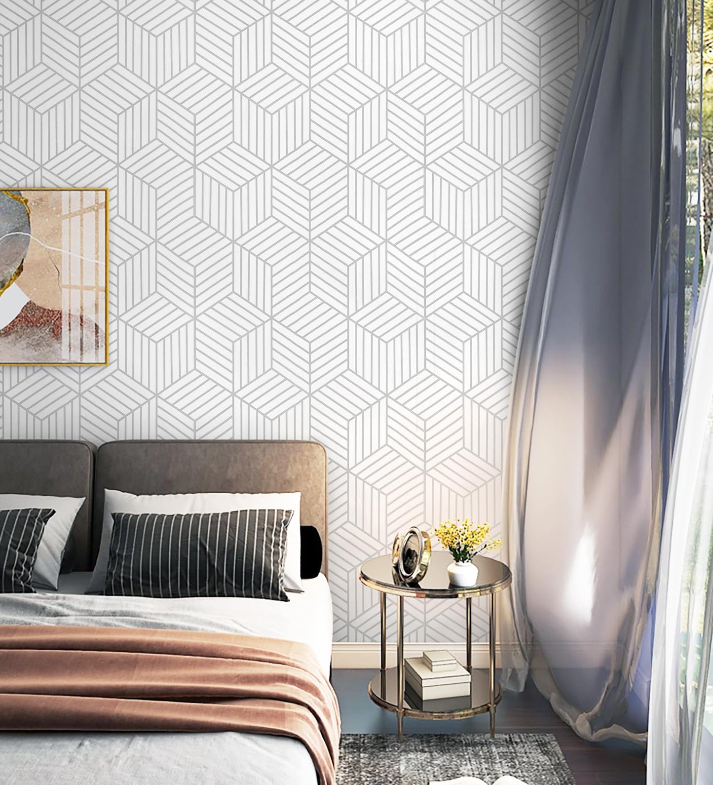 CiCiwind Peel and Stick Wallpaper Boho Wall Paper Modern White and Gold Geometric Contact Paper for Cabinets Removable Self Adhesive Bathroom Wallpaper for Bedroom Papel Tapiz para Pared 15.7"x78.7"