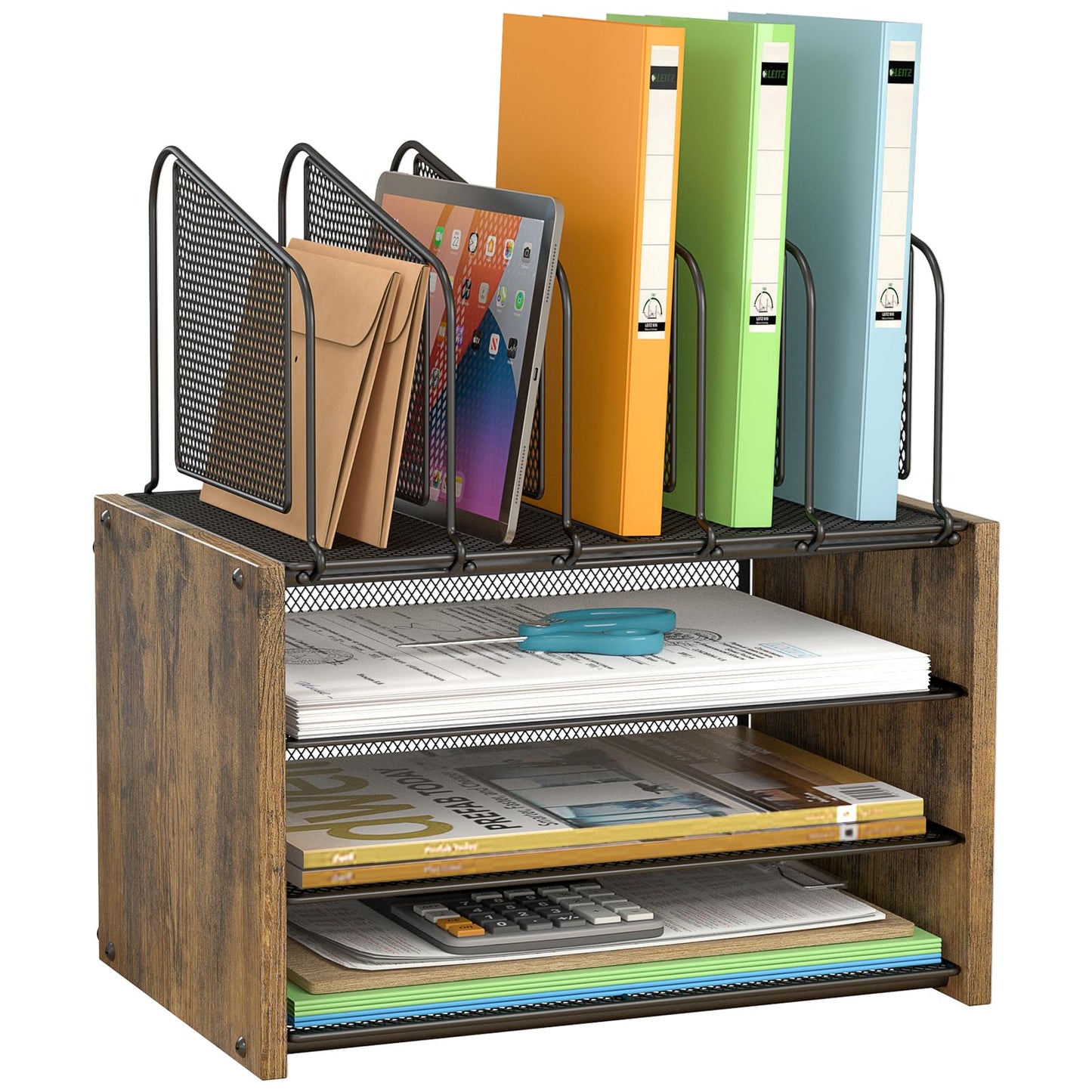 4-Tier Mesh Desk Organizer, Wooden Desk File Organizer with 5 Vertical File Holders and 2 Pen Holders, Desktop Organizers and Accessories with Drawer for Home Office