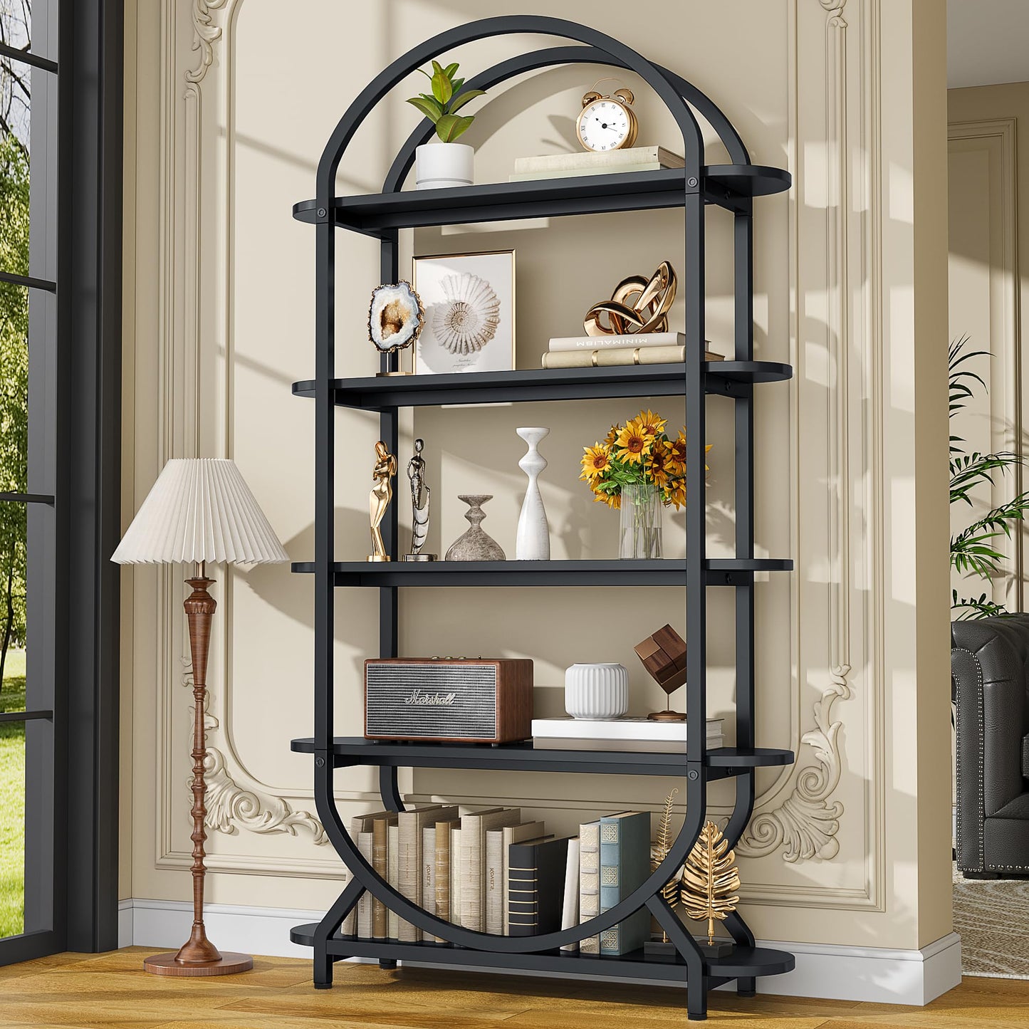 Arched Bookshelf, Bookcase with Doors Storage, 71 Inches Tall Industrial Book Shelf with Sturdy Metal Frame, E1 Quality Boards, Freestanding Display Shelving Unit, Black