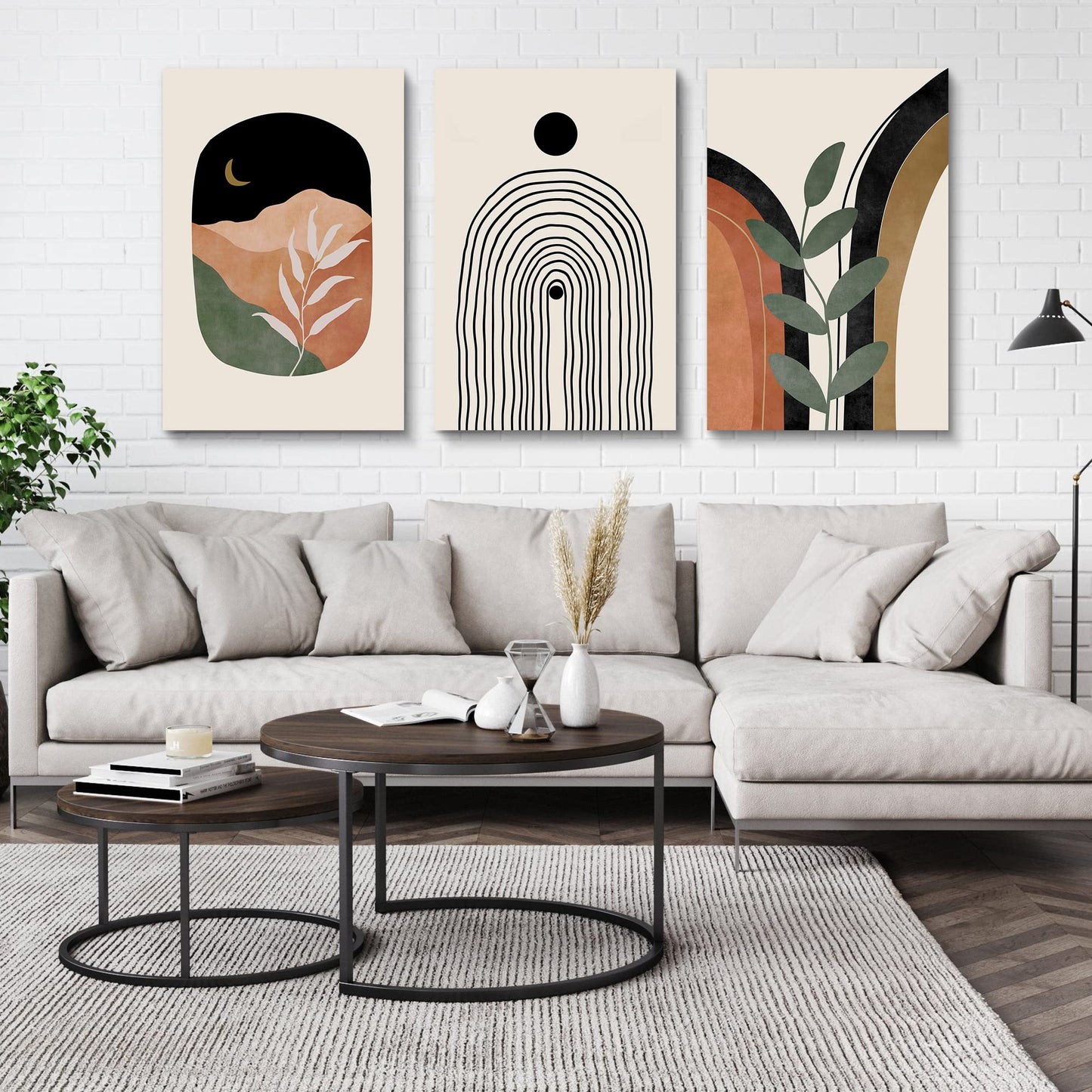 Sage Green Wall Posters & Prints, Green Boho Wall Art Set of 3, Minimalist Framed Wall Art Geometric Line Leaf Sun Moon Beige Green