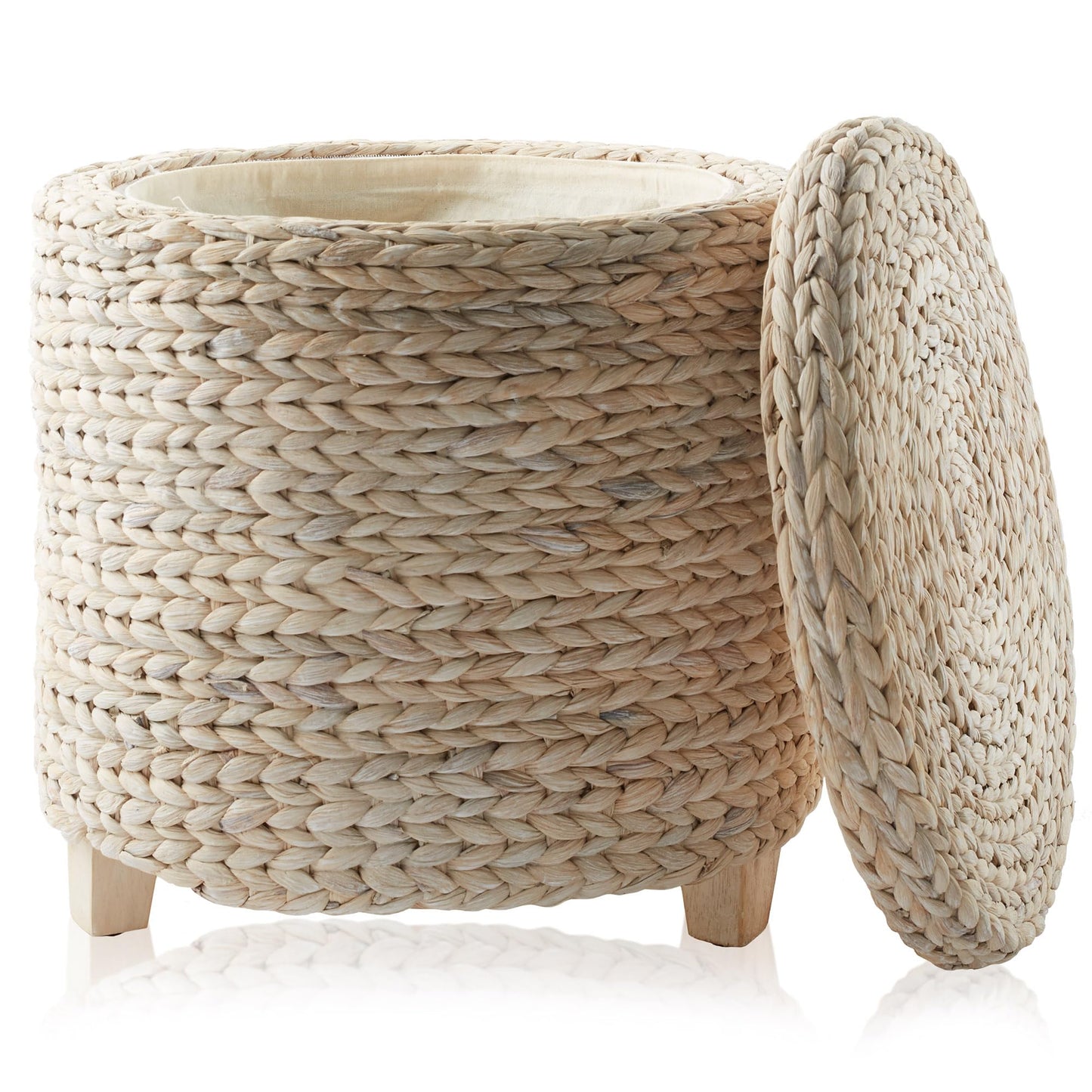 Round Storage Ottoman with Lid - Whitewash, Handwoven Water Hyacinth Footstool for Living Room, Bedroom