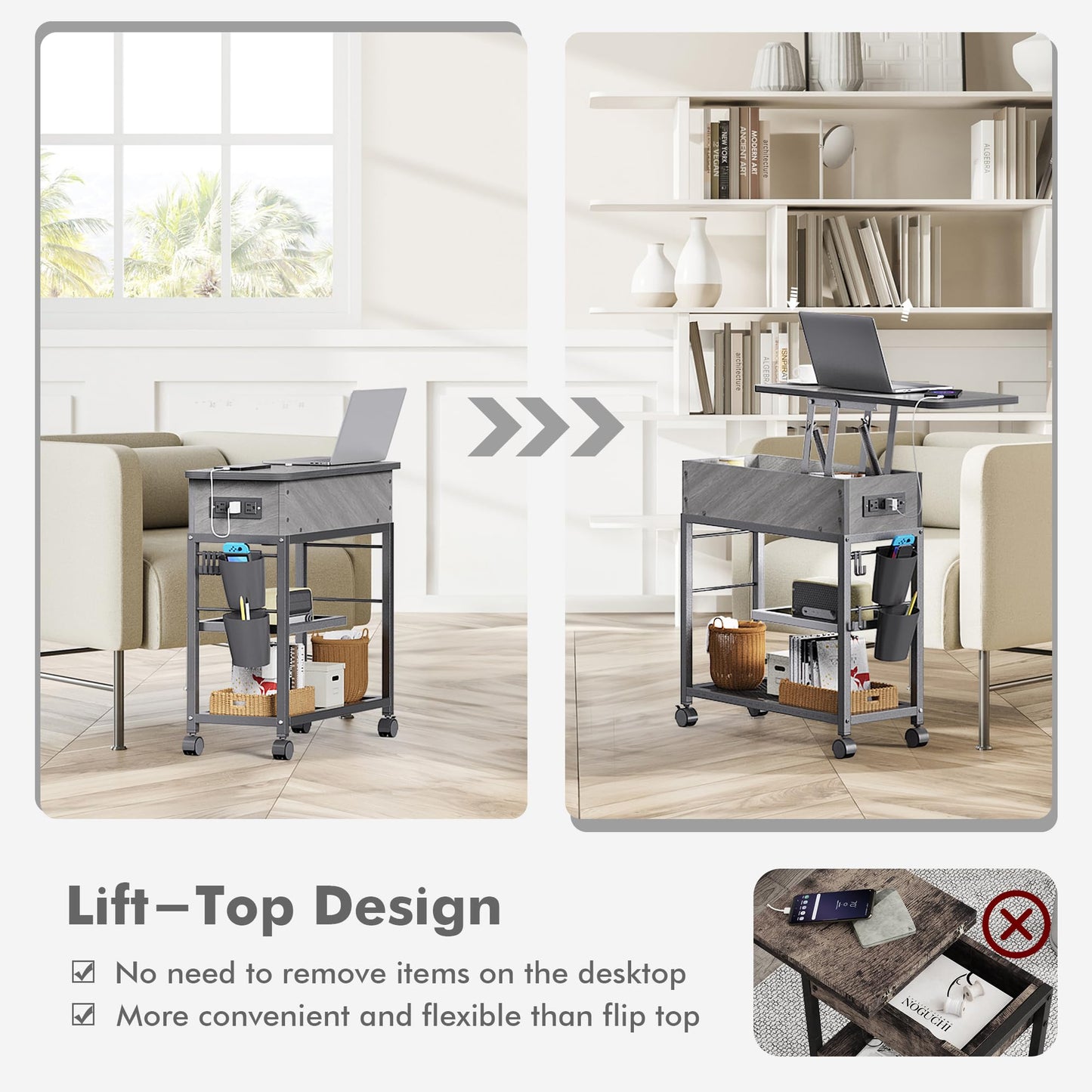 Colima Lift Top End Table with Charging Station and Wheels, Sofa Side Table with USB port