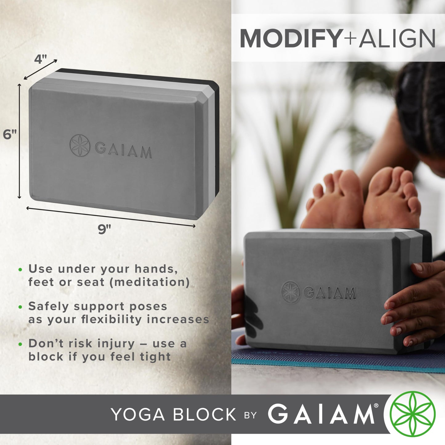 Gaiam Yoga Block - Supportive Latex-Free Eva Foam - Soft Non-Slip Surface with Beveled Edges for Yoga, Pilates, Meditation
