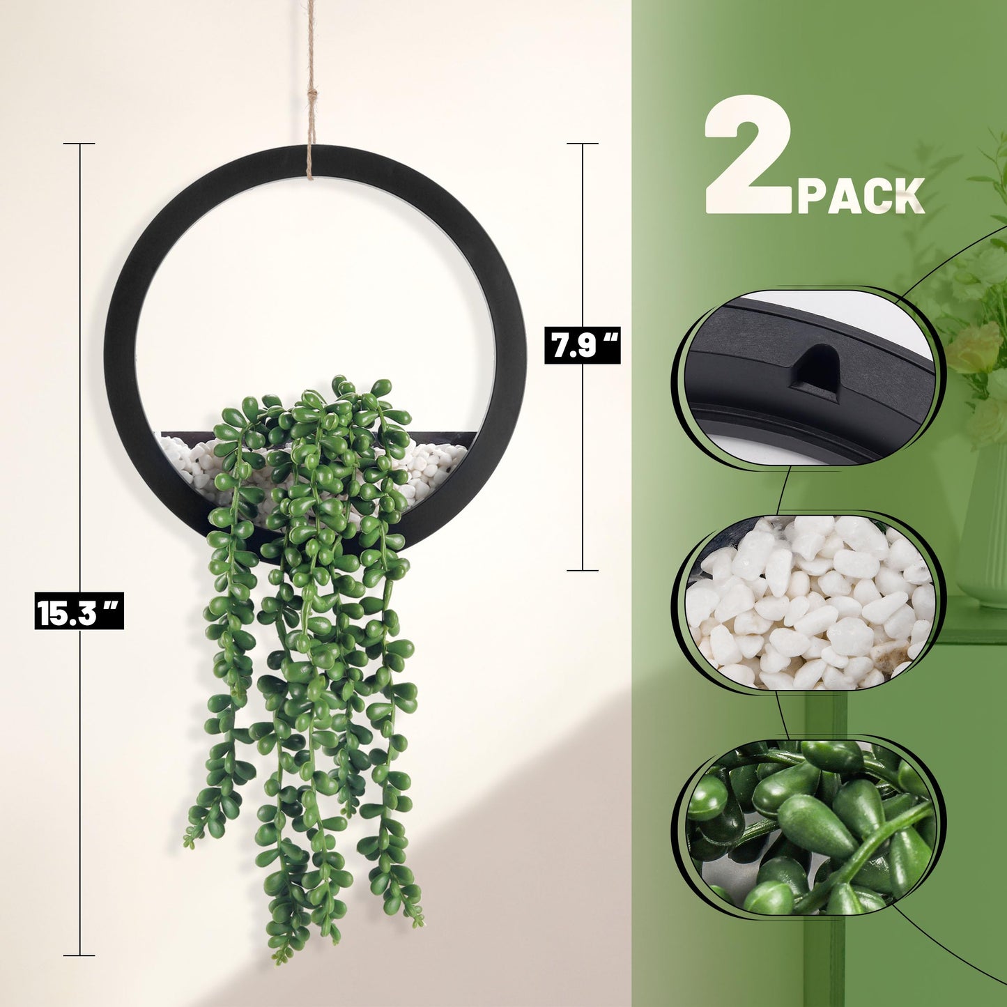 Der Rose 2 Pack Fake Plants Hanging Artificial Succulents Plants in Black Pots