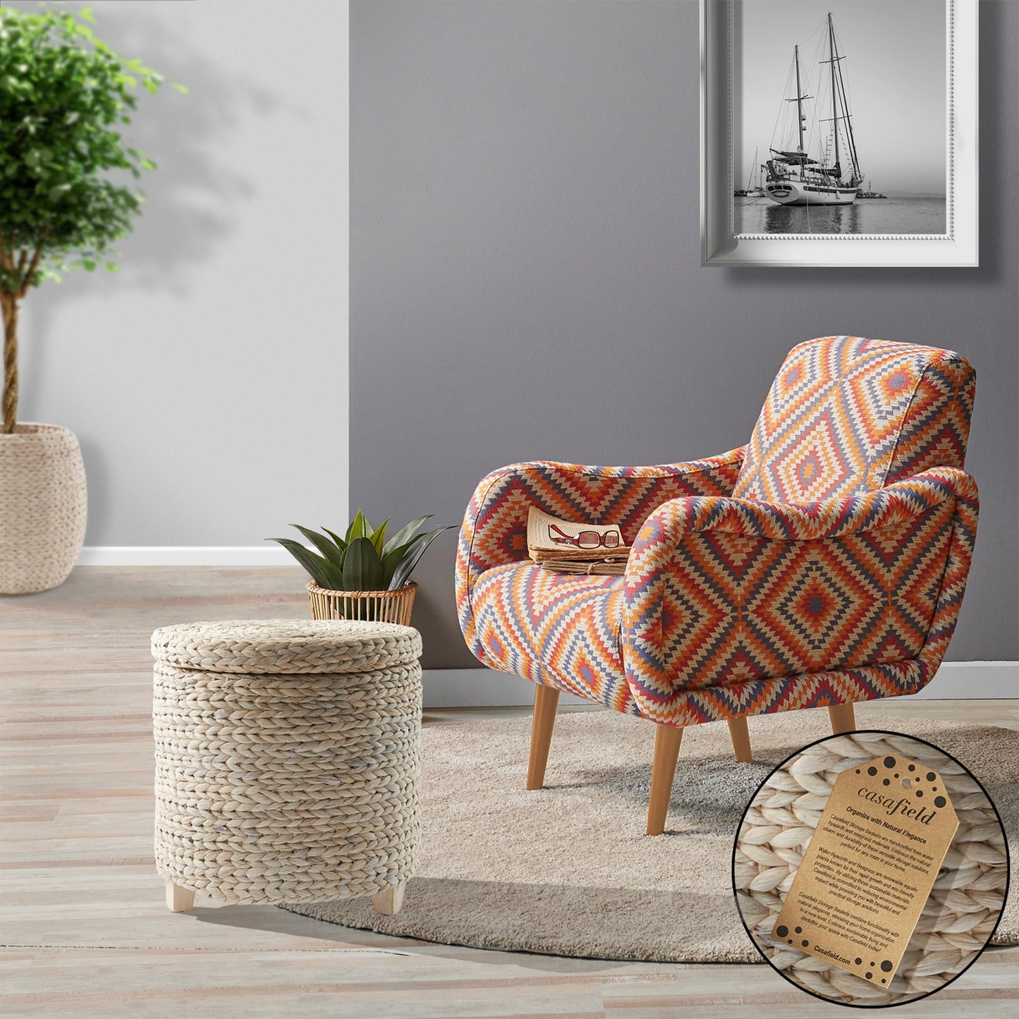 Round Storage Ottoman with Lid - Whitewash, Handwoven Water Hyacinth Footstool for Living Room, Bedroom