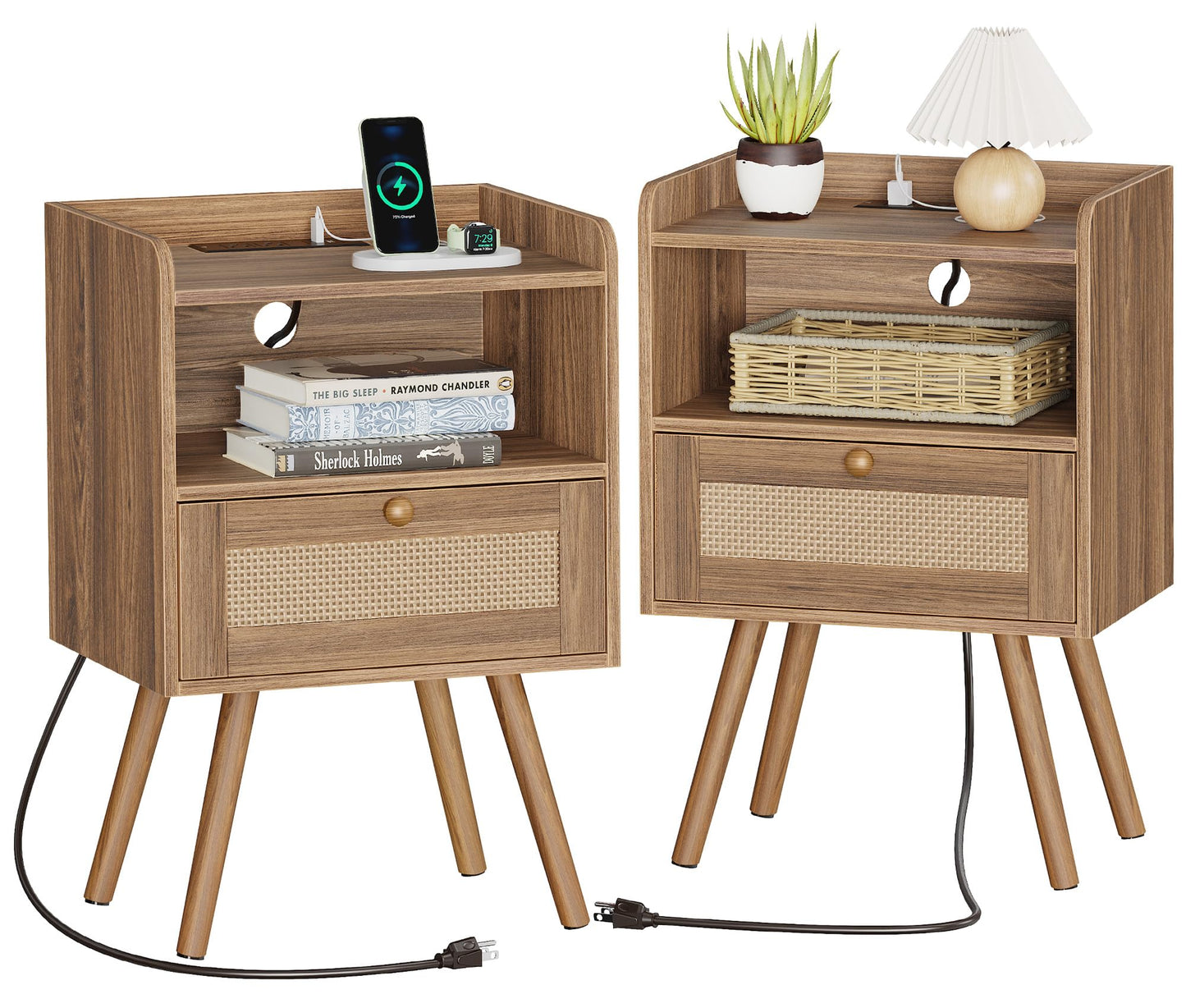 SUPERJARE Nightstands Set of 2, Night Stands with Charging Station & PE Rattan Decor Drawer, Bed Side Tables with Solid Wood Feet, End Table, for Bedroom, Living Room - Natural
