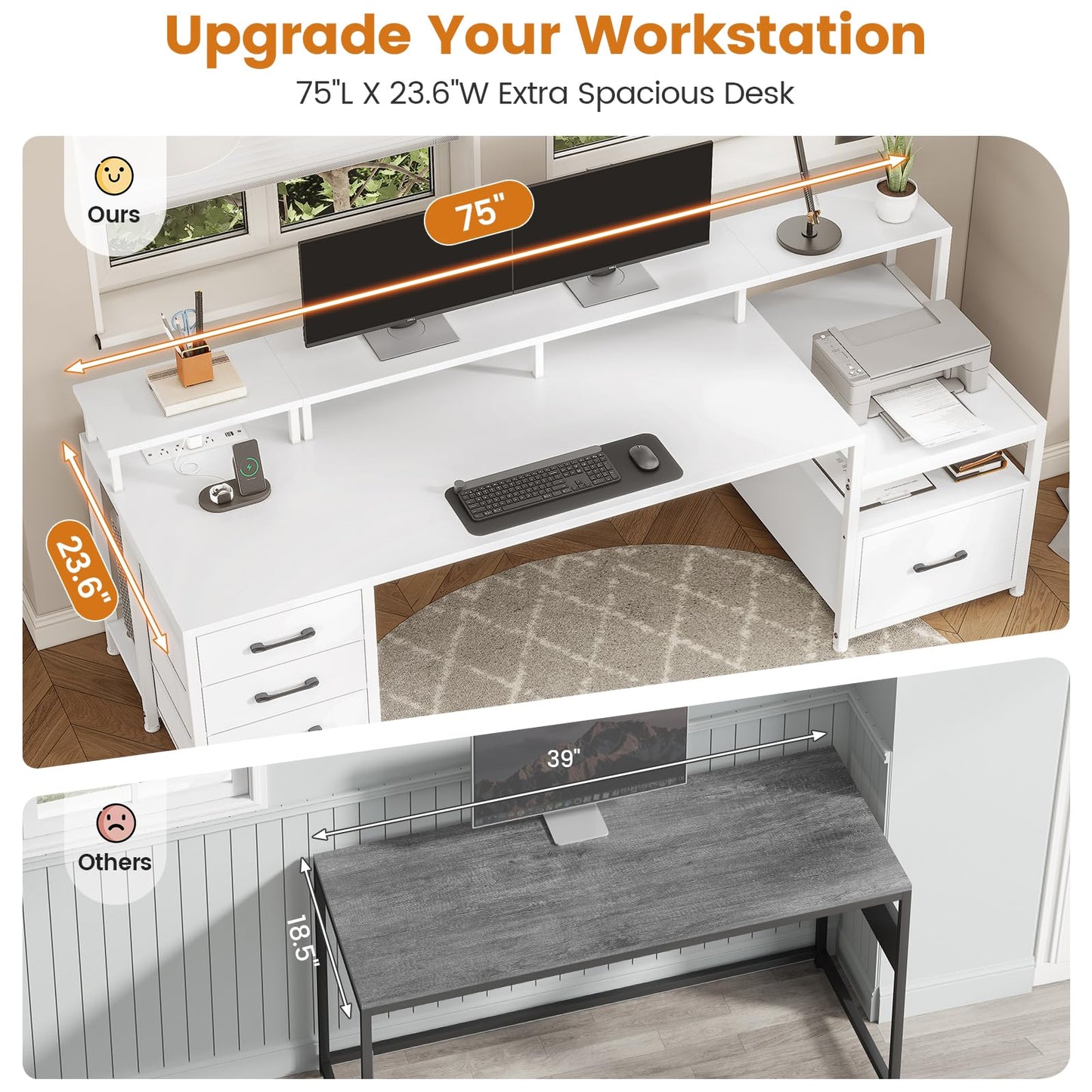 SEDETA Home Office Desk with File Drawer & Power Outlet, 66'' Computer Desk with 5 Drawer, Storage Shelves, Printer Cabinet and Monitor Shelf, Gaming Desk with Led Lights, Rustic Brown