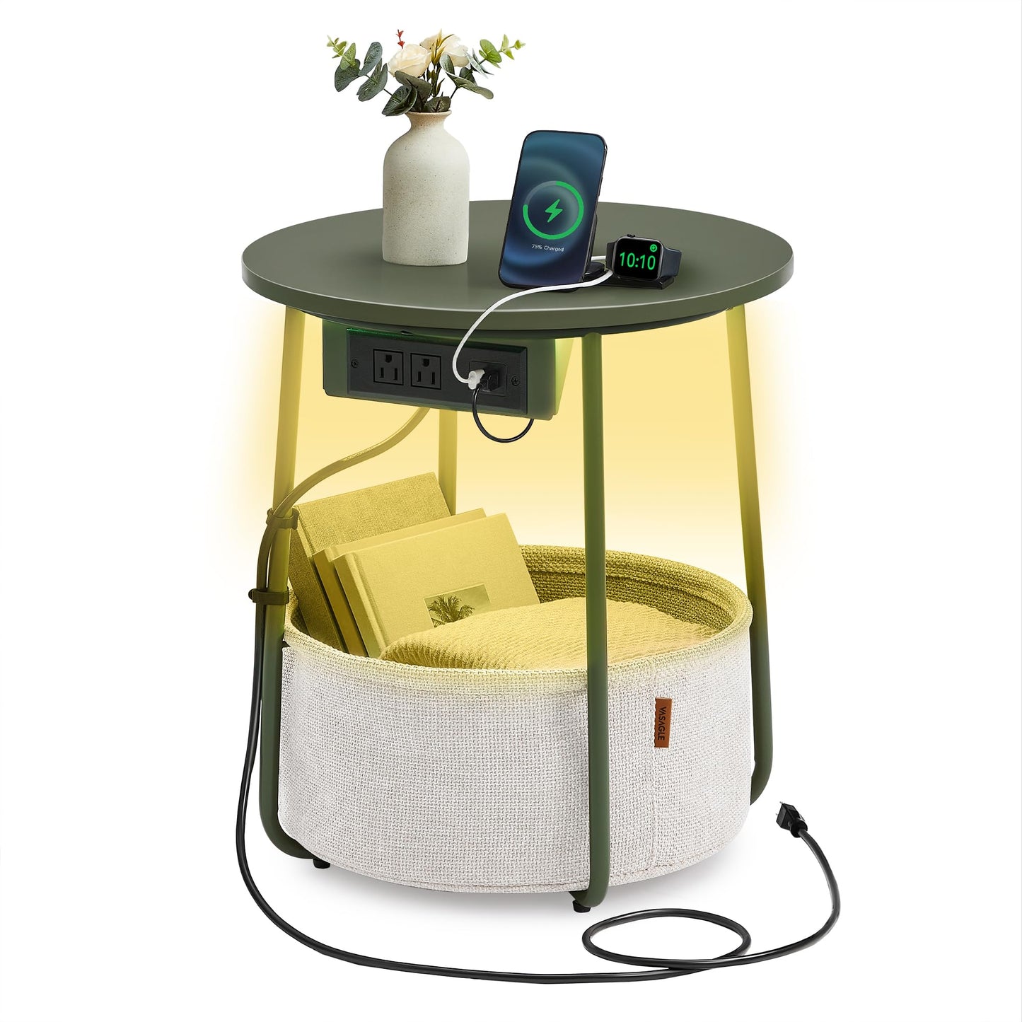 VASAGLE Side Table with Charging Station, Round End Table With Fabric Basket, Nightstand with Power Outlets USB Ports, for Living Room, Bedroom, Modern, Ebony Black and Slate Gray ULET228B01