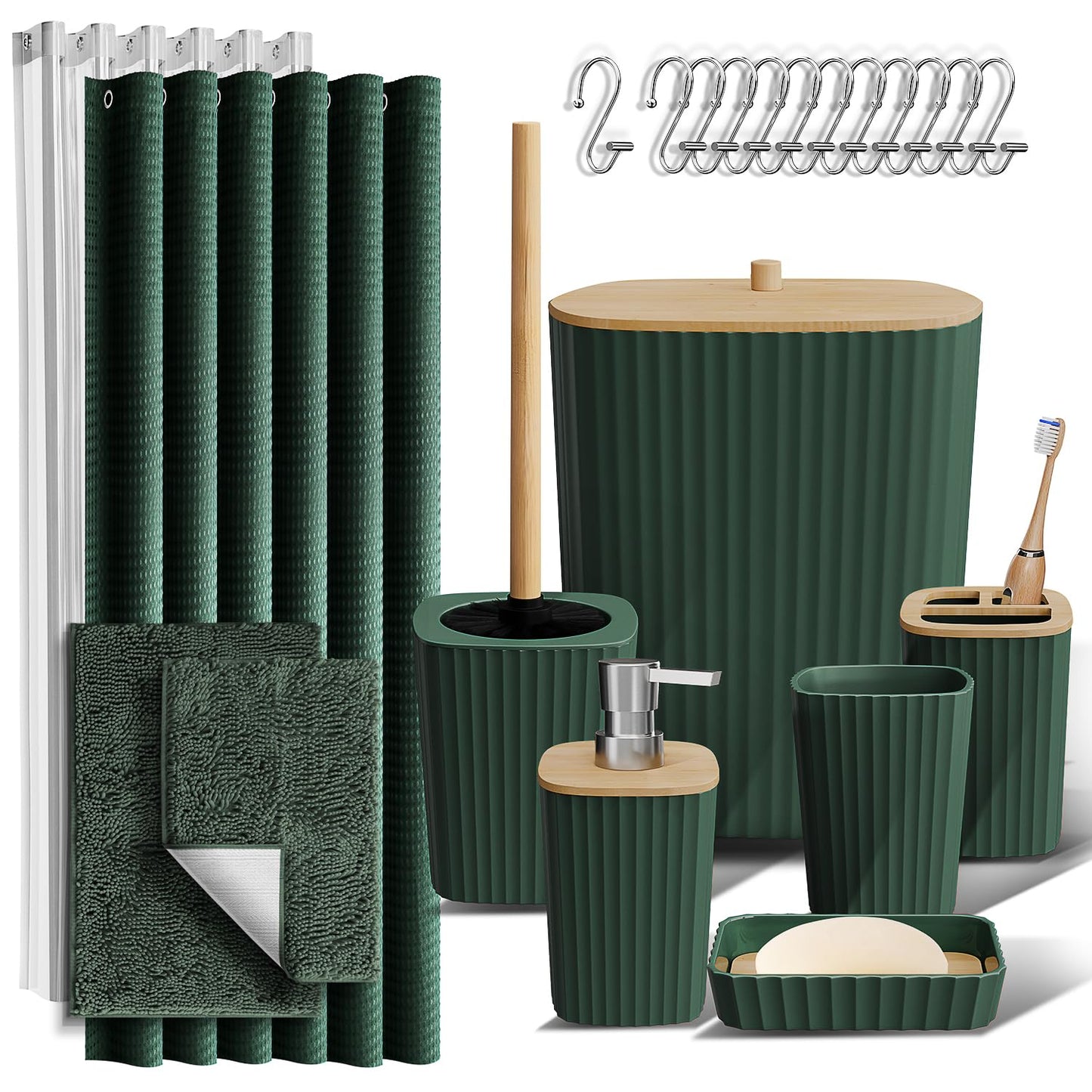 Clara Clark Bathroom Accessories Set - Bathroom Set, 20PC Bathroom Accessory Set, Black Shower Curtain Set, Toilet Brush, Trash Can & Soap Dispenser