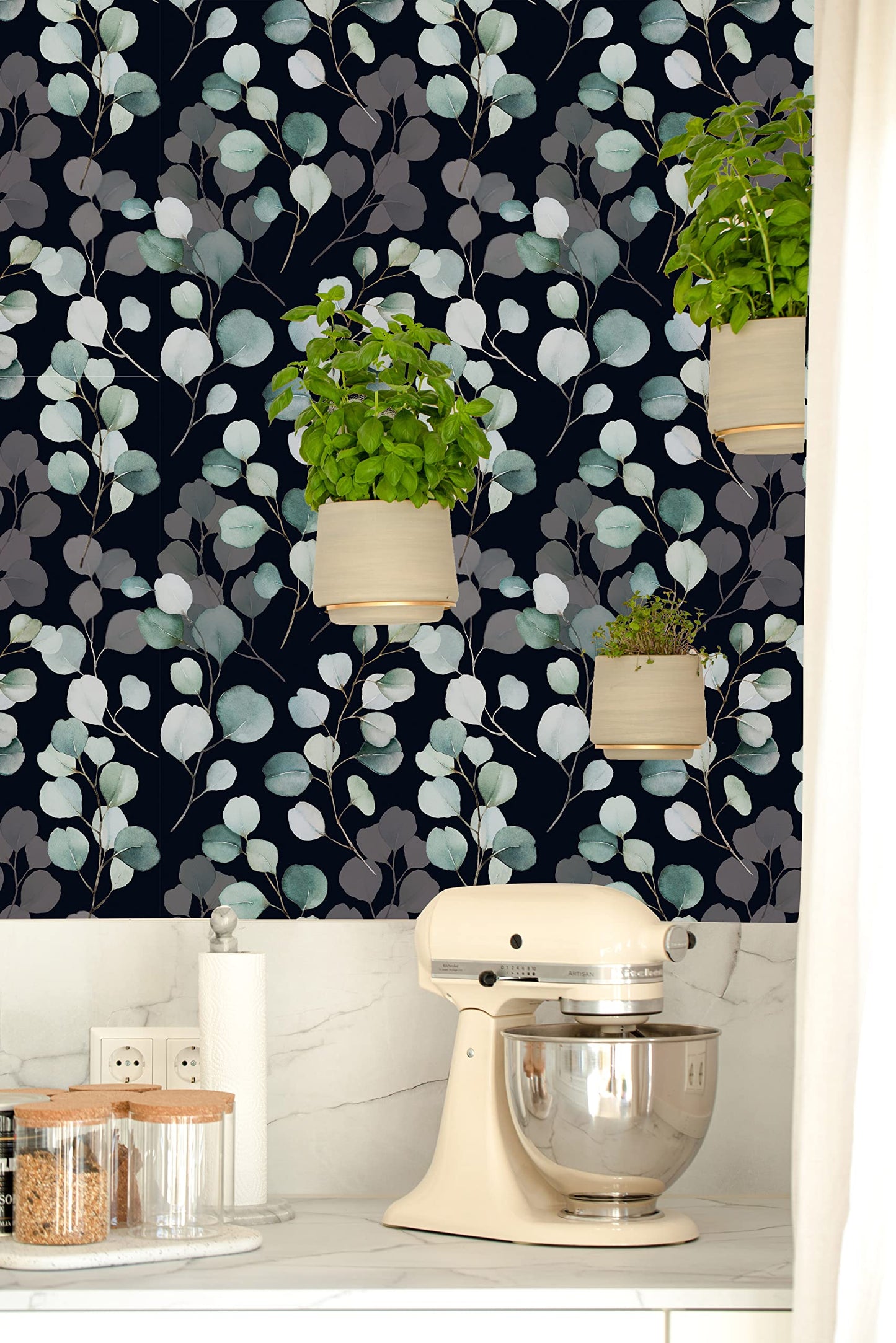 HAOKHOME Peel and Stick Wallpaper Boho Green/White Eucalyptus Leaf Floral Wall Mural Home Nursery Decor Renter Friendly Wallpaper 17.3in x 9.8ft